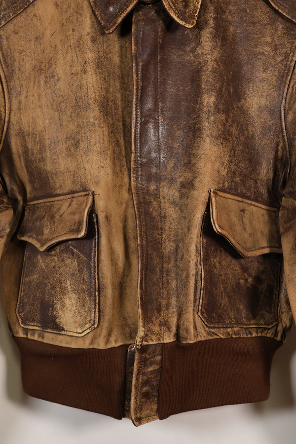 1940's size 46, maker unknown, USAAF A-2 flight jacket, damaged condition, used.