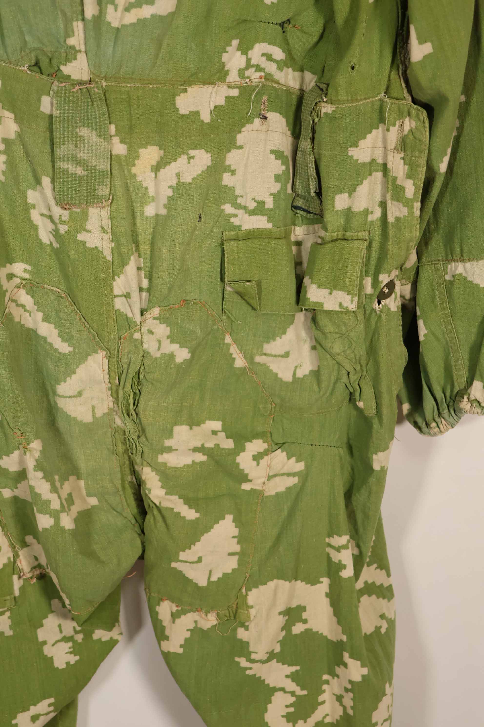 Real 1980s Soviet Russia KLMK camouflage coveralls, used, torn, repaired.