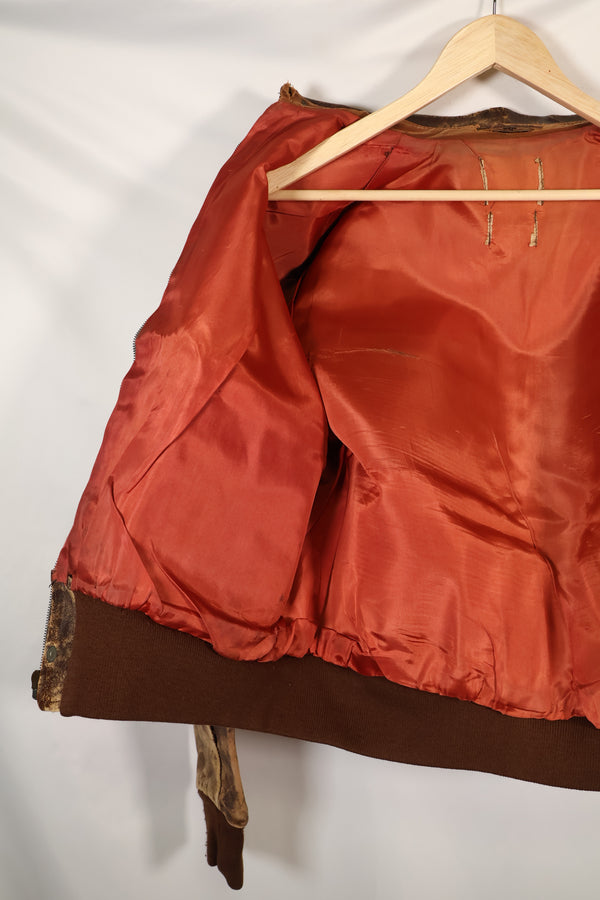 1940's size 46, maker unknown, USAAF A-2 flight jacket, damaged condition, used.