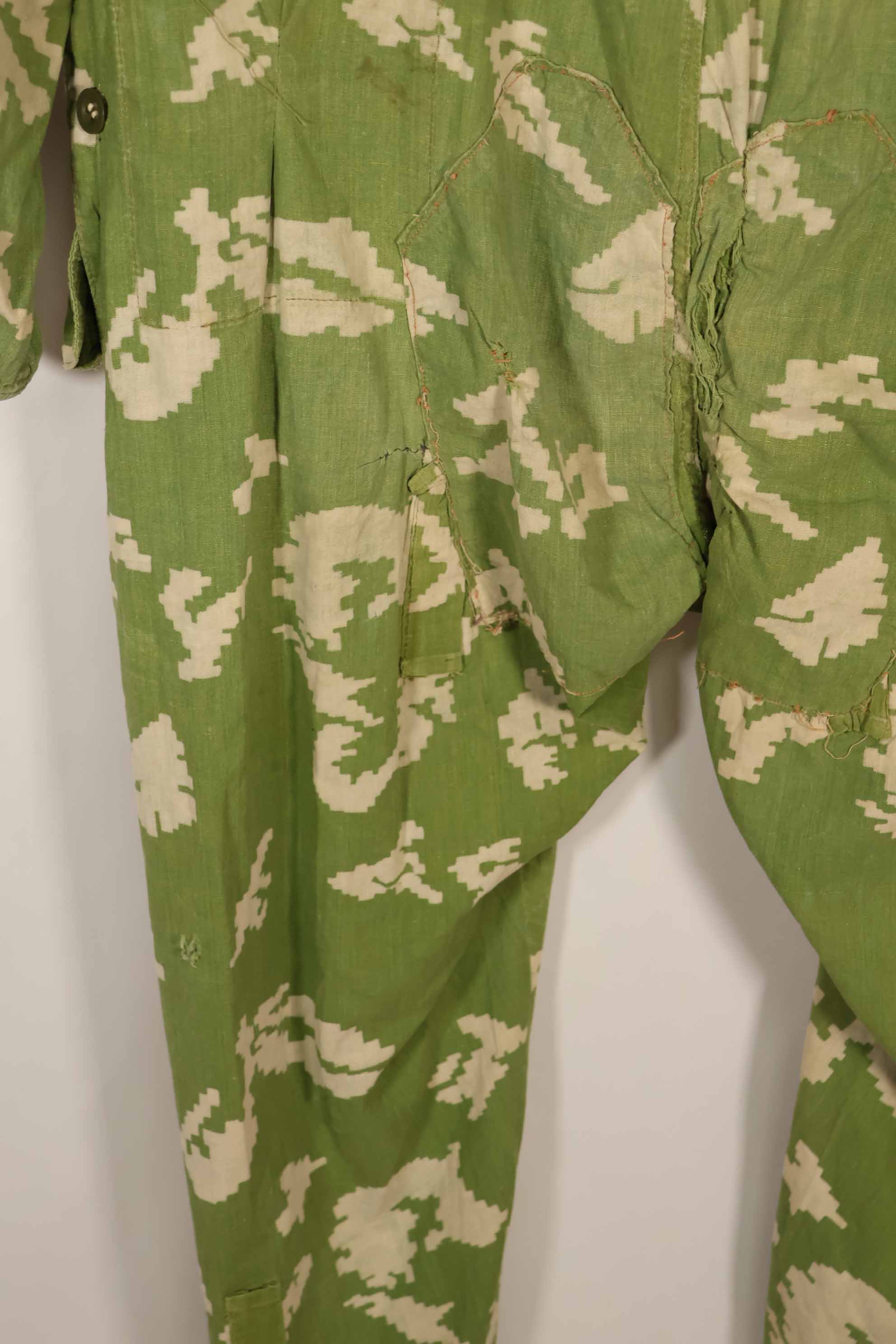 Real 1980s Soviet Russia KLMK camouflage coveralls, used, torn, repaired.