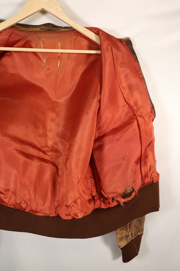 1940's size 46, maker unknown, USAAF A-2 flight jacket, damaged condition, used.