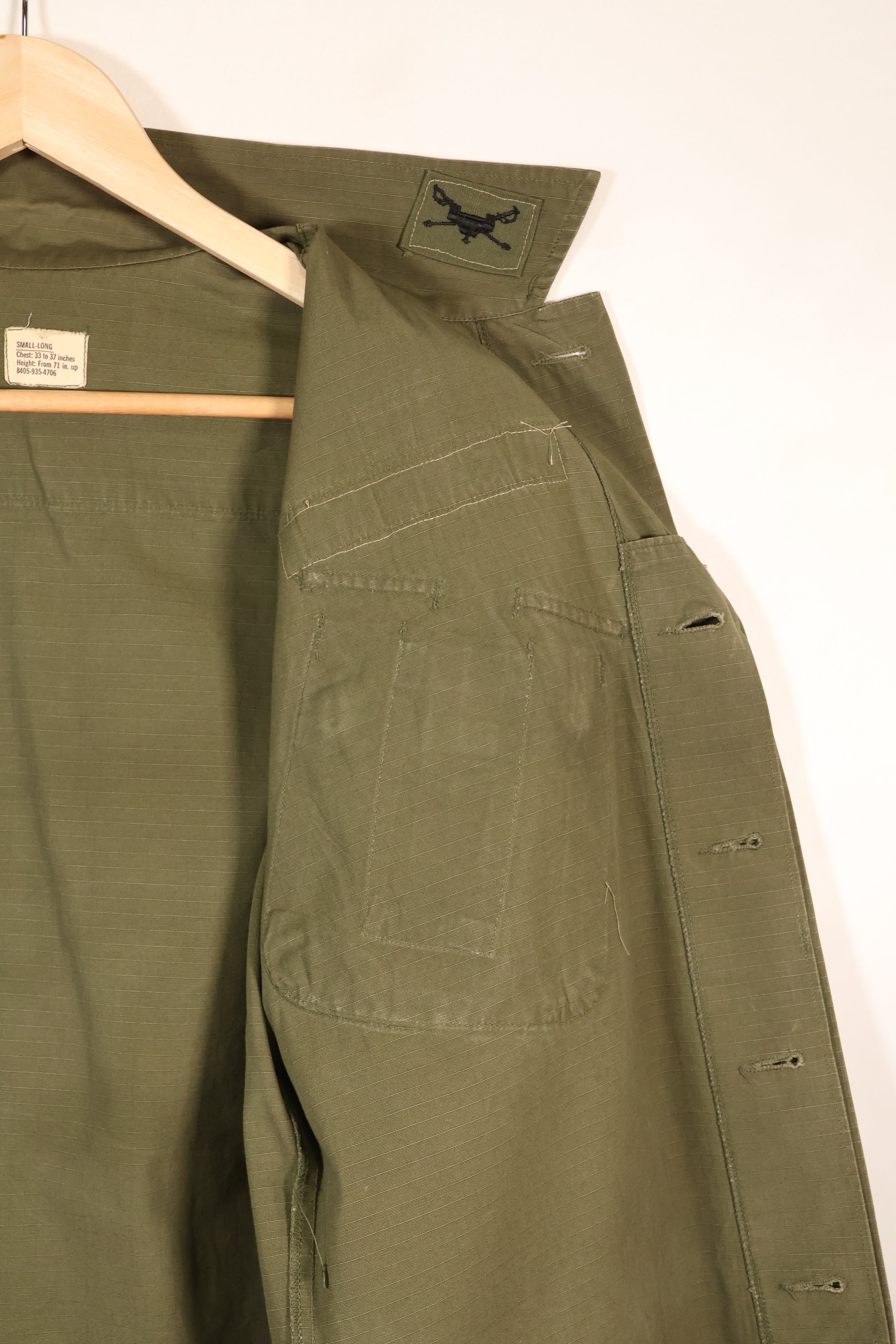 Late 1960s, S-L, U.S. Military, 4th Model Jungle Fatigue Jacket, with added patches, used