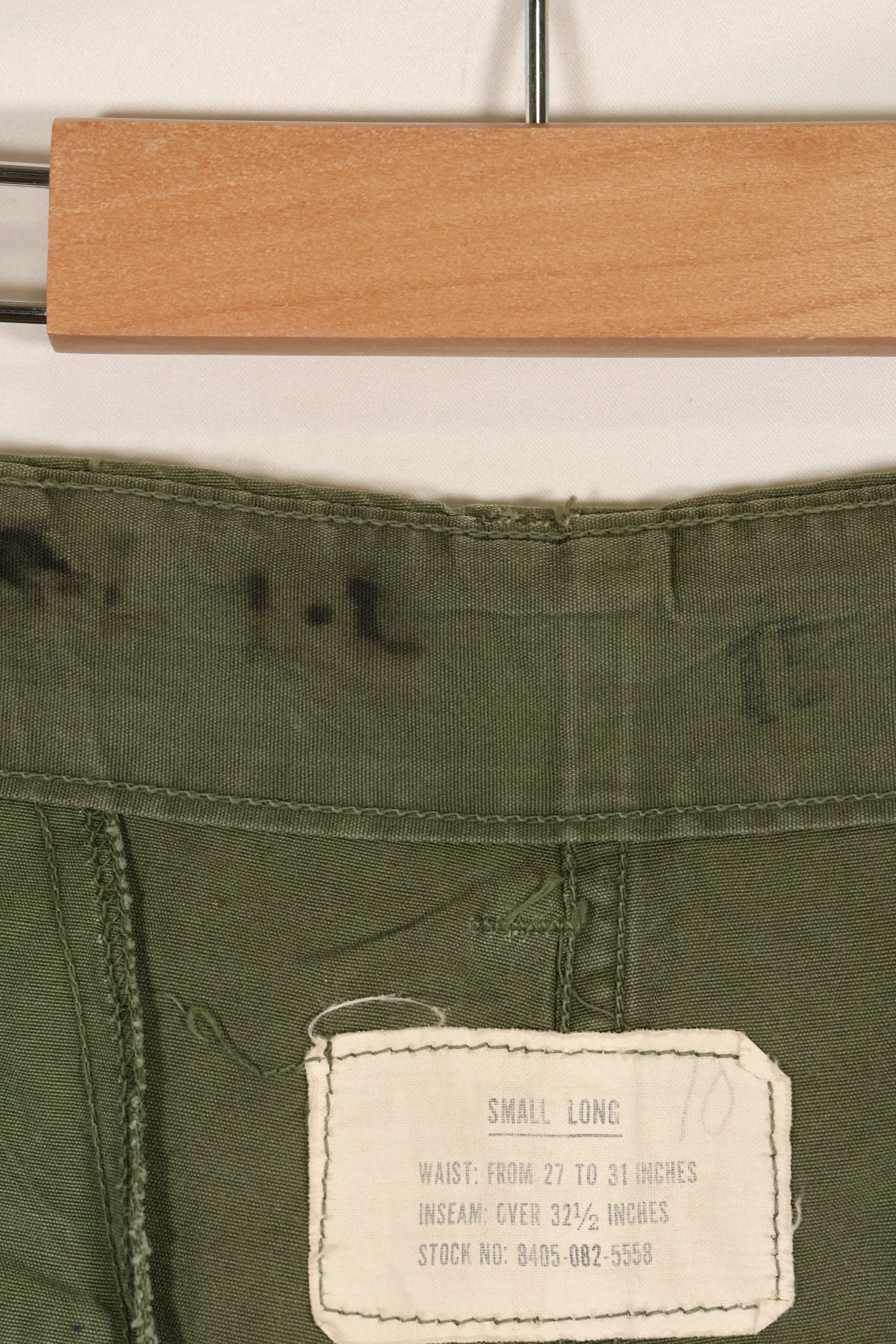 1964 Contract S-L with hemming 1st Model Jungle Fatigue Pants, used with fading.