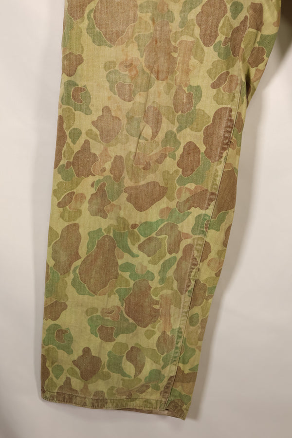 1940s WWII USMC P-44 Frogskin camouflage duck hunter pants, repaired, used.