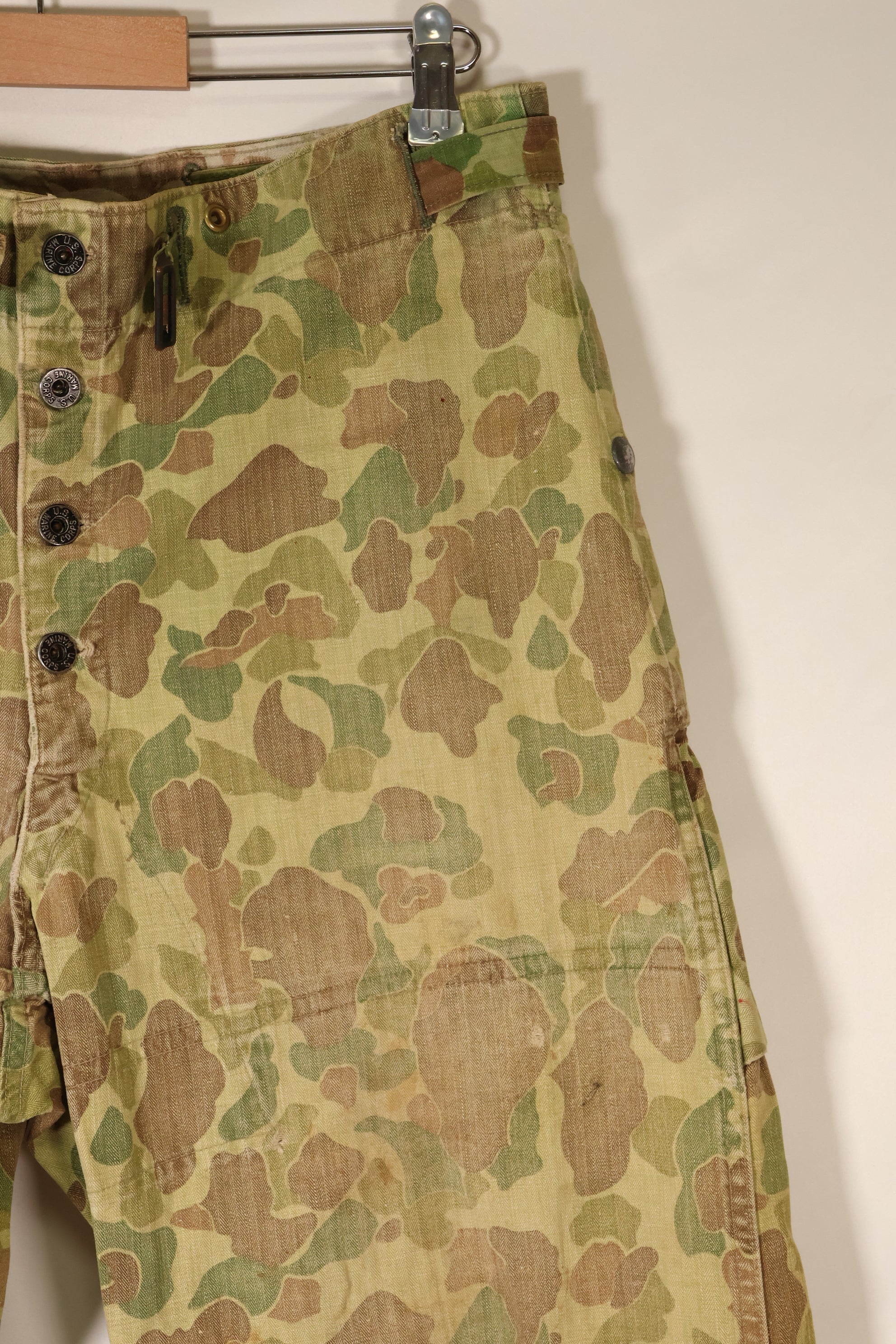 1940s WWII USMC P-44 Frogskin camouflage duck hunter pants, repaired, used.