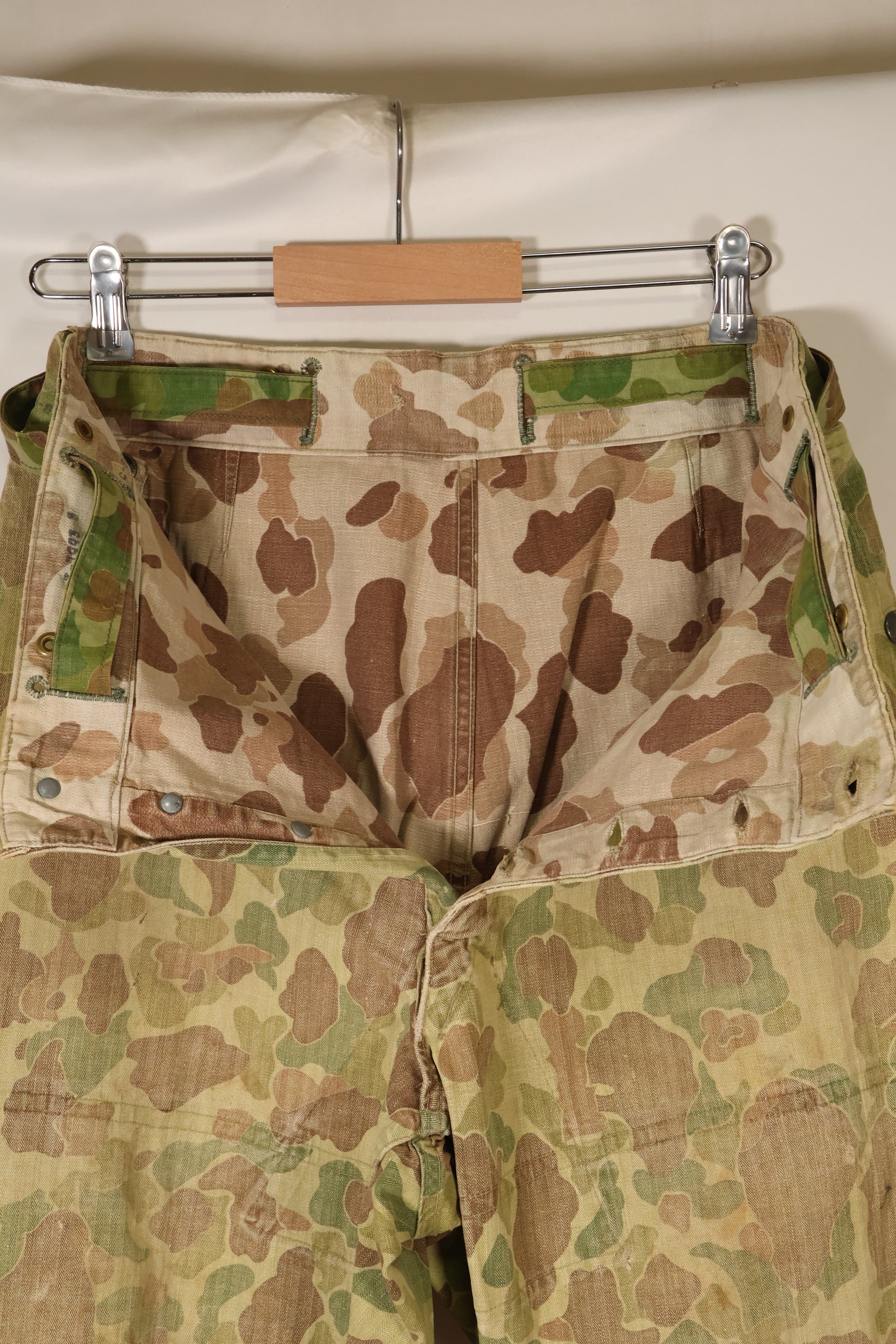 1940s WWII USMC P-44 Frogskin camouflage duck hunter pants, repaired, used.