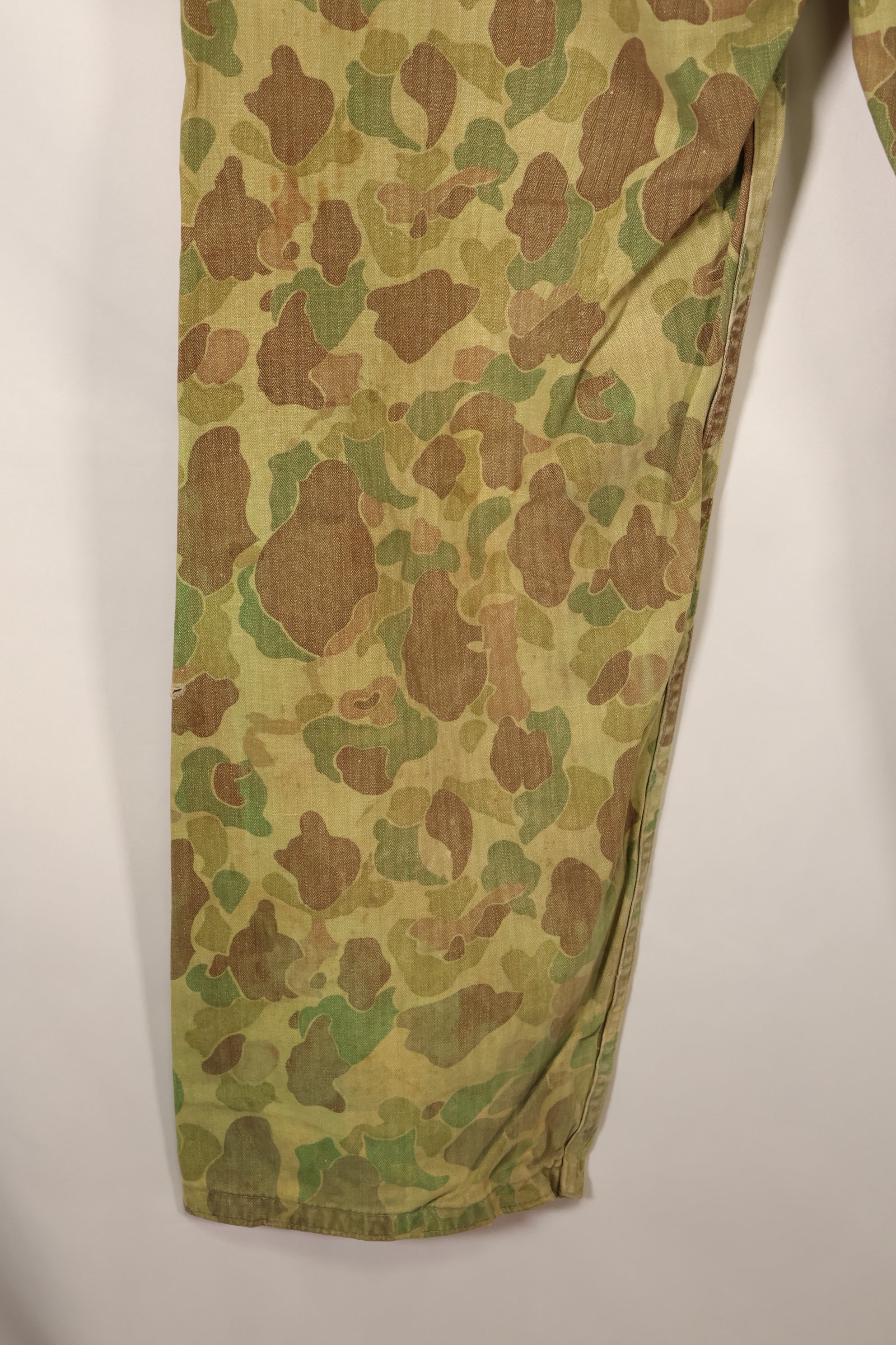 1940s WWII USMC P-44 Frogskin camouflage duck hunter pants, repaired, used.