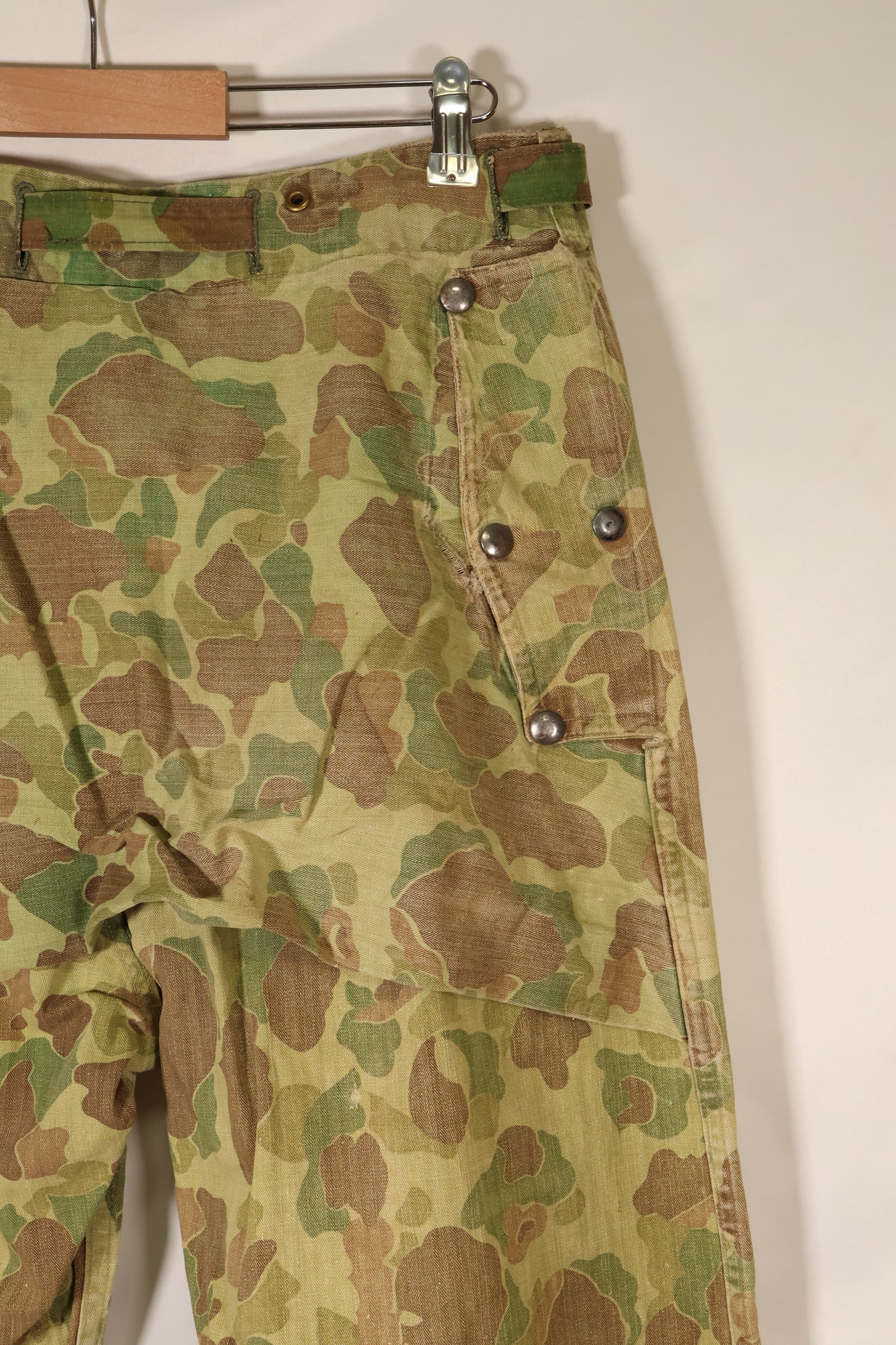 1940s WWII USMC P-44 Frogskin camouflage duck hunter pants, repaired, used.