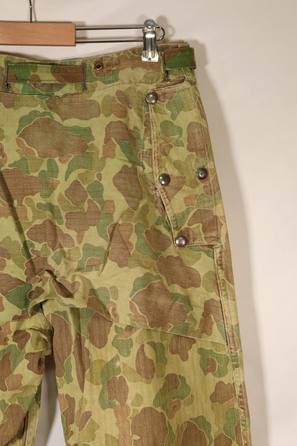 1940s WWII USMC P-44 Frogskin camouflage duck hunter pants, repaired, used.