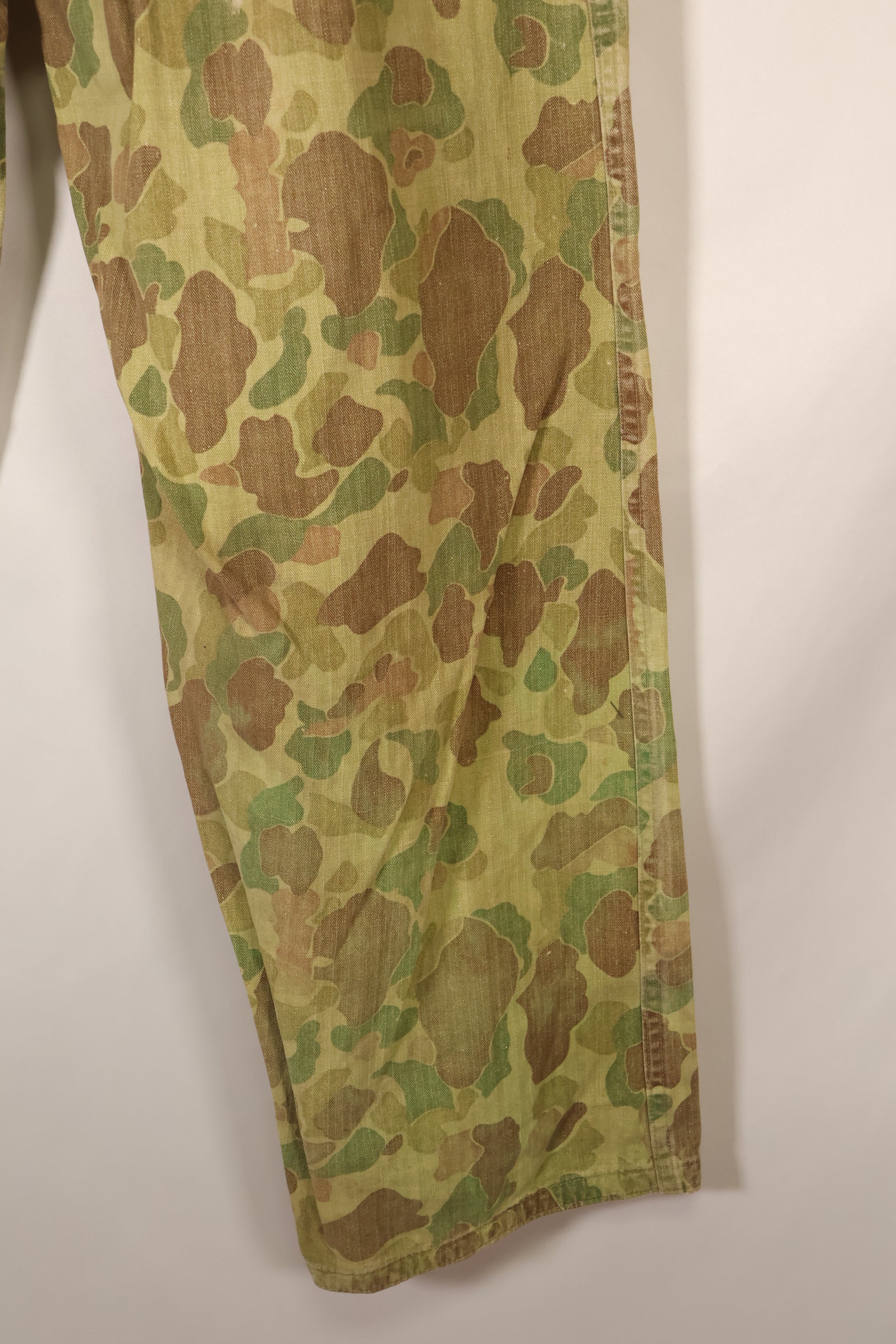 1940s WWII USMC P-44 Frogskin camouflage duck hunter pants, repaired, used.