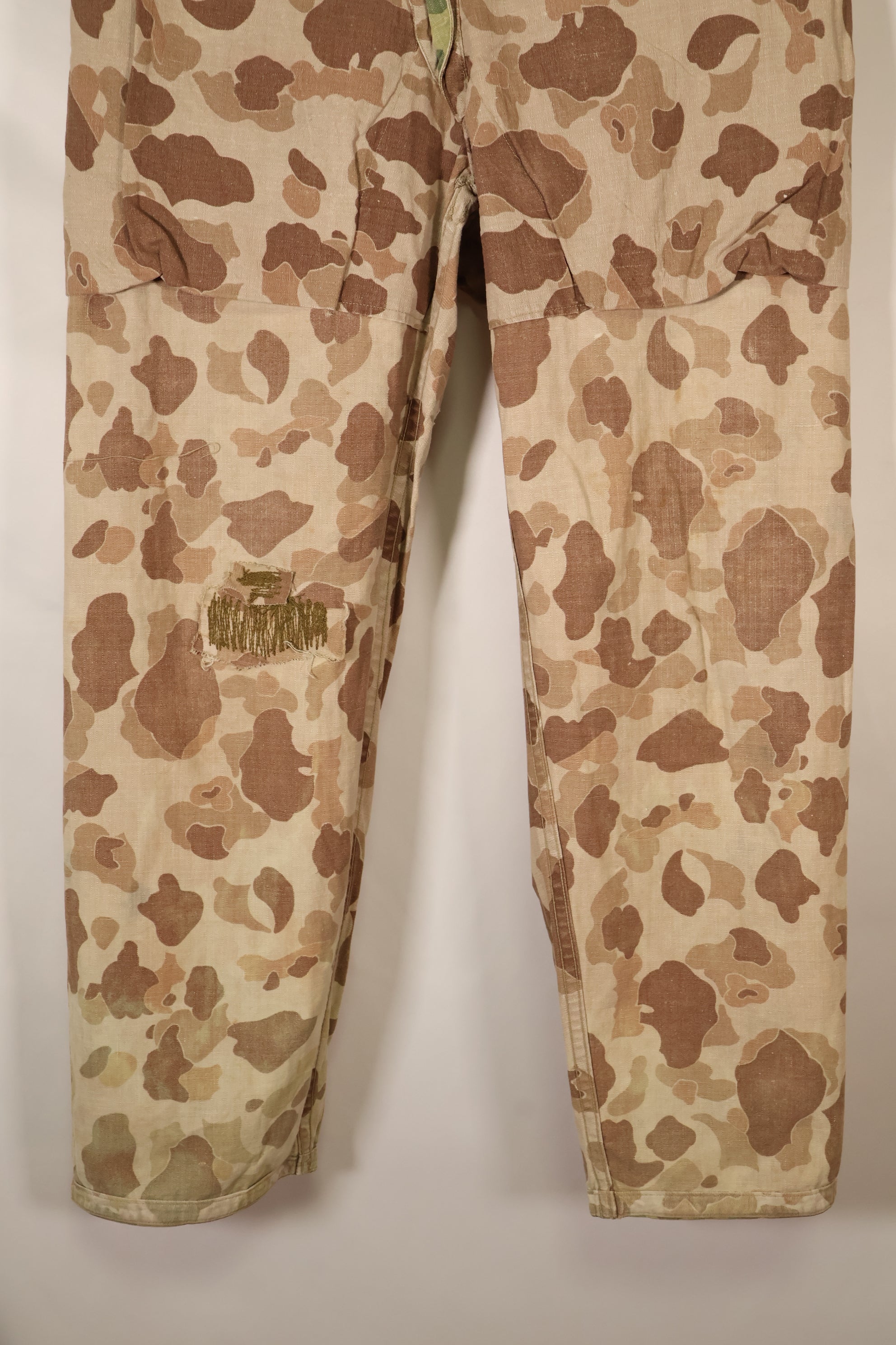 1940s WWII USMC P-44 Frogskin camouflage duck hunter pants, repaired, used.