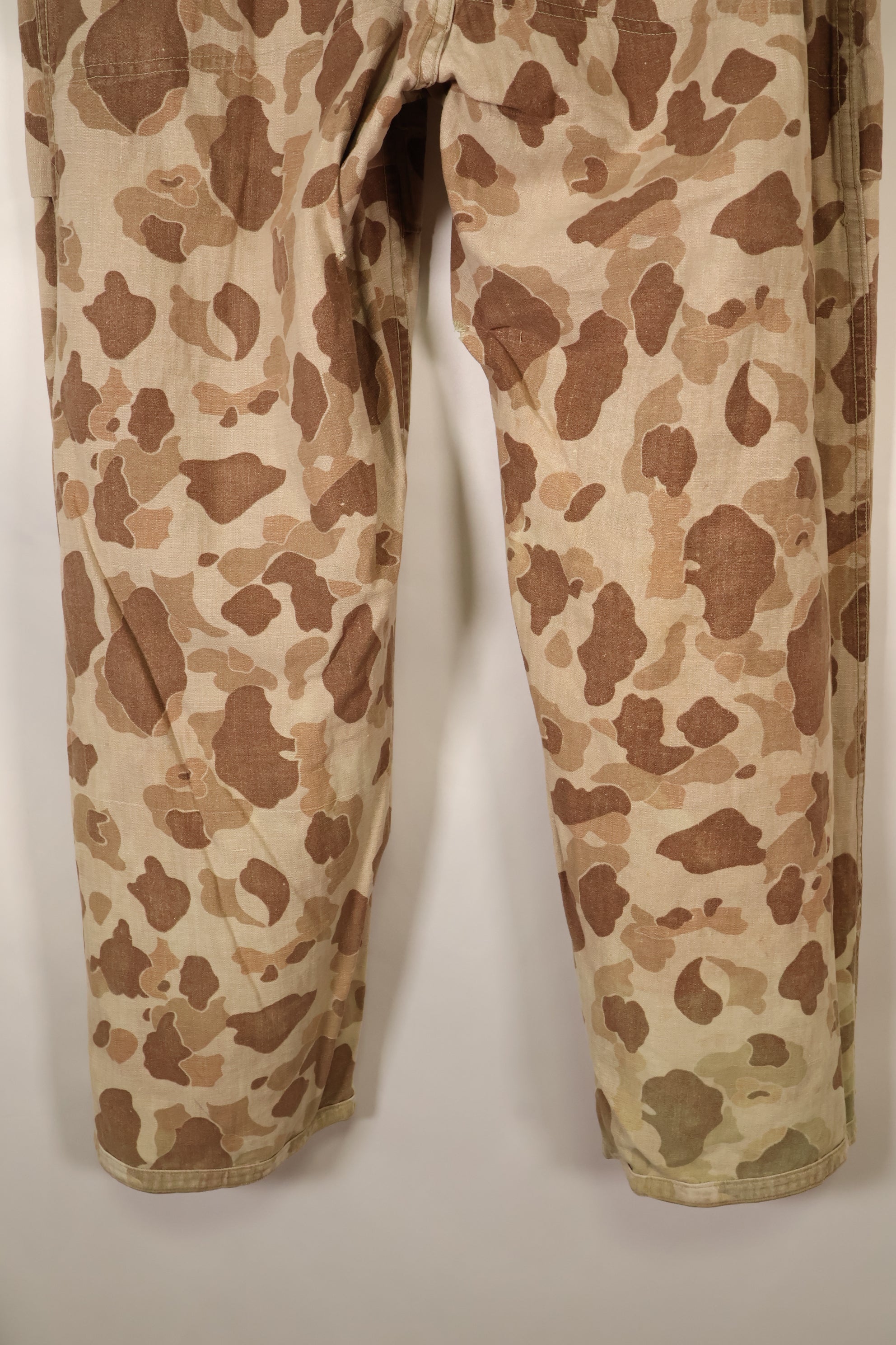 1940s WWII USMC P-44 Frogskin camouflage duck hunter pants, repaired, used.