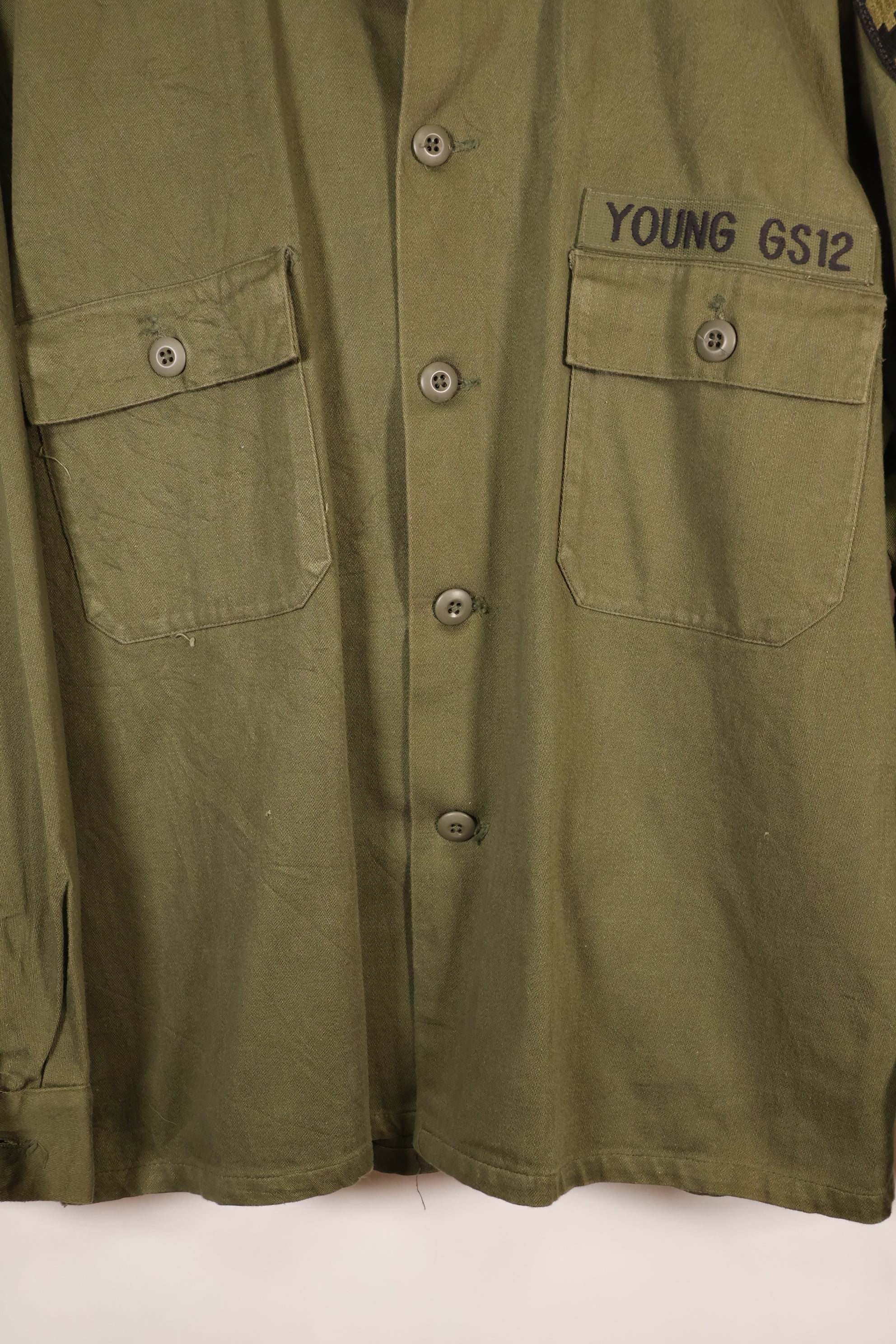 1960s, Estimated Size: MEDIUM, OG-107, Utility Shirt, Rare Cut, Retrofitted Patch, Used