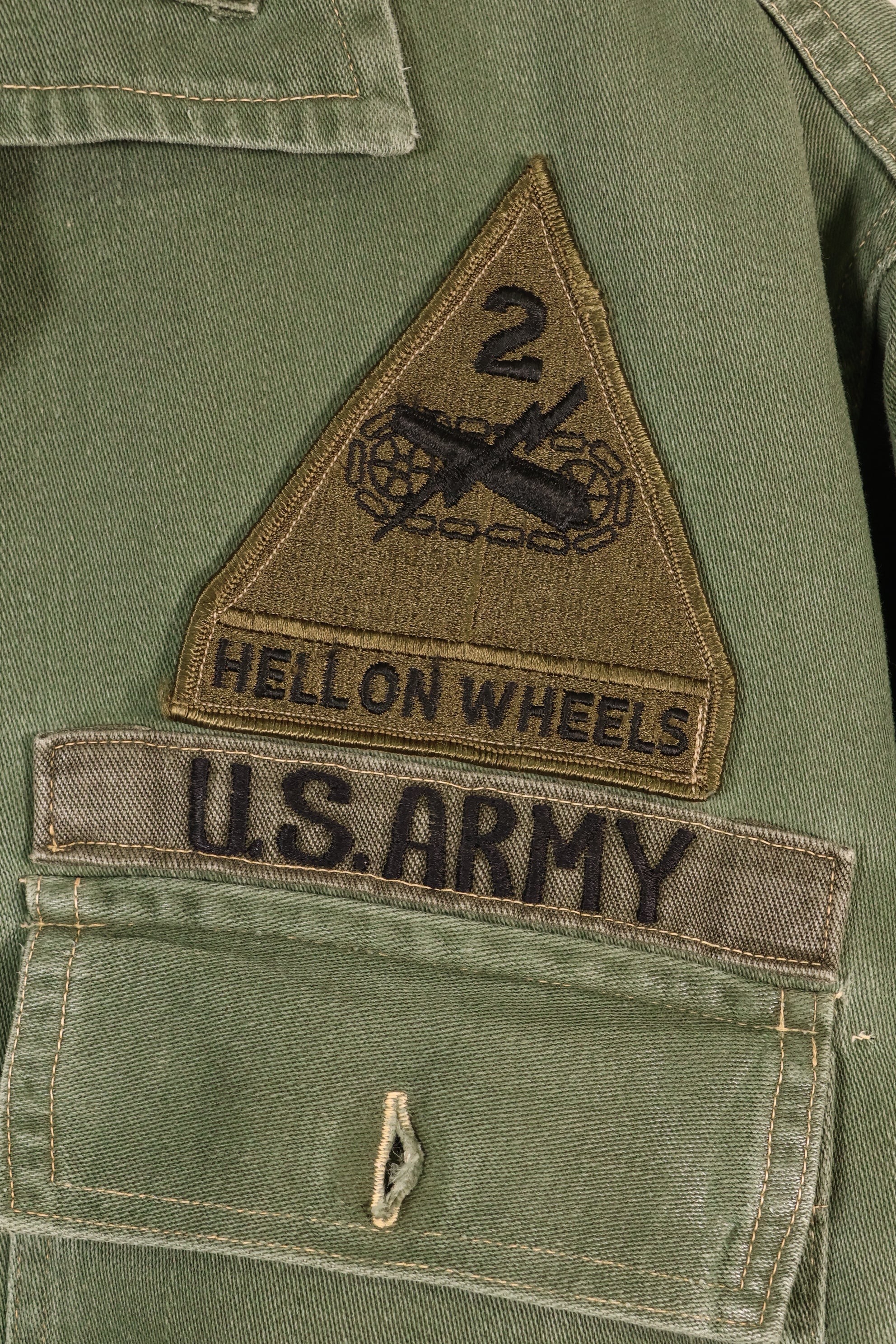 1960s, Estimated Size: SMALL, OG-107 Utility Shirt with Patches, Used
