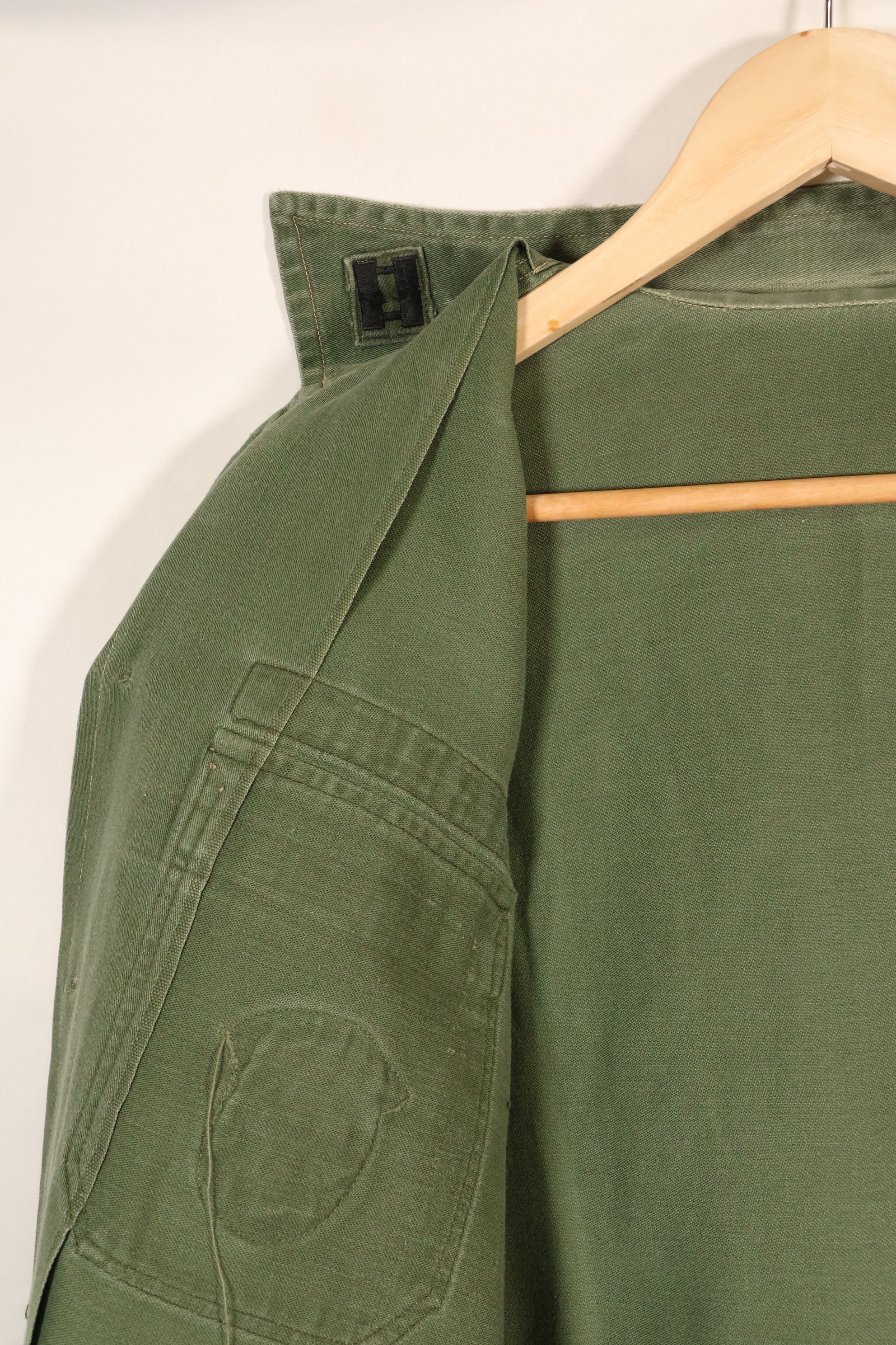 1960s, Estimated Size: SMALL, OG-107 Utility Shirt with Patches, Used