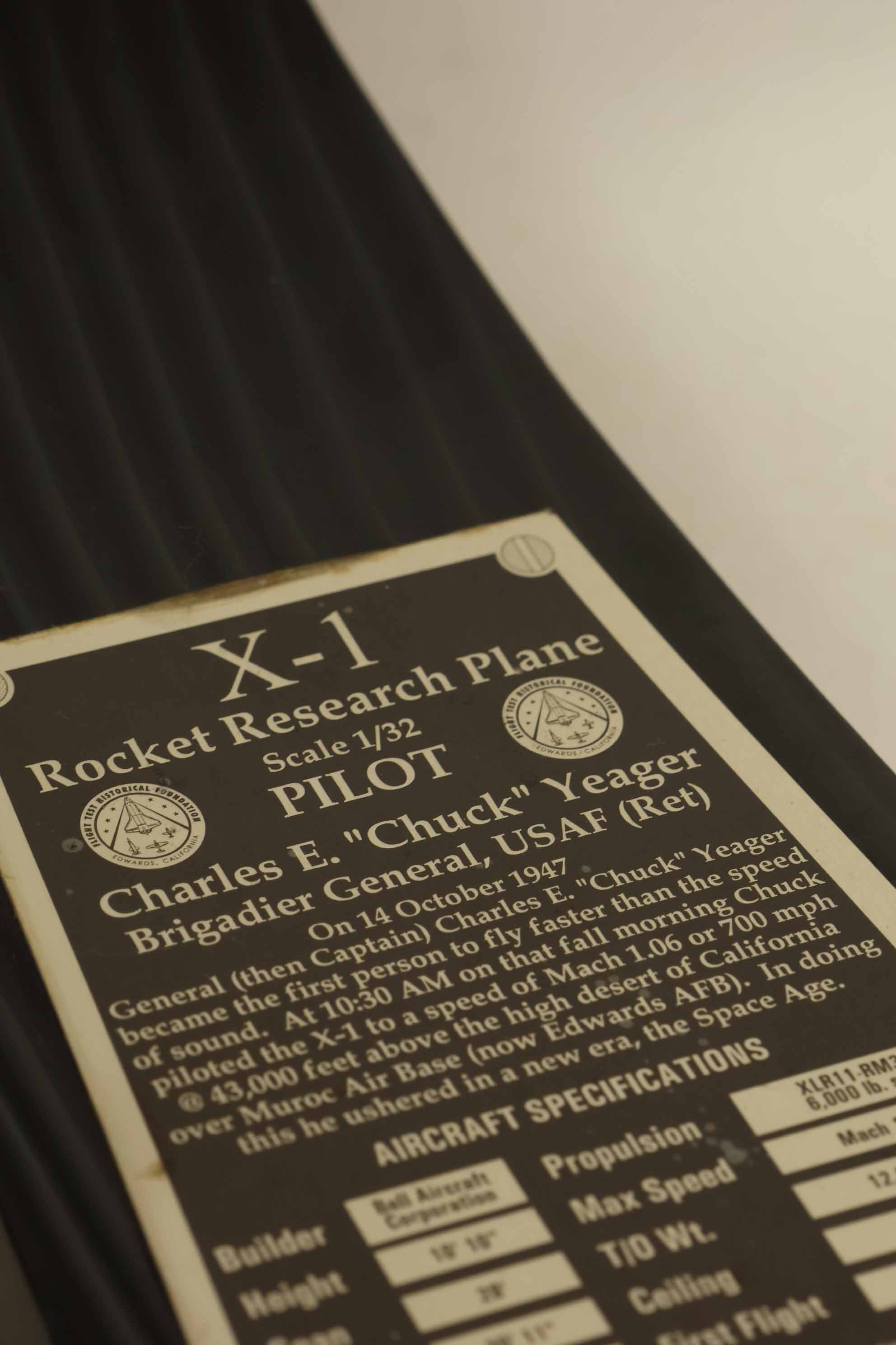 Autographed by US Air Force Brigadier General Chuck Yeager, X-1 manned aircraft model, used.