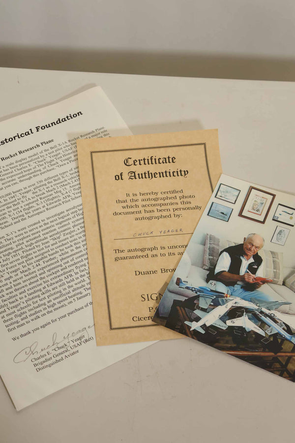 Autographed by US Air Force Brigadier General Chuck Yeager, X-1 manned aircraft model, used.