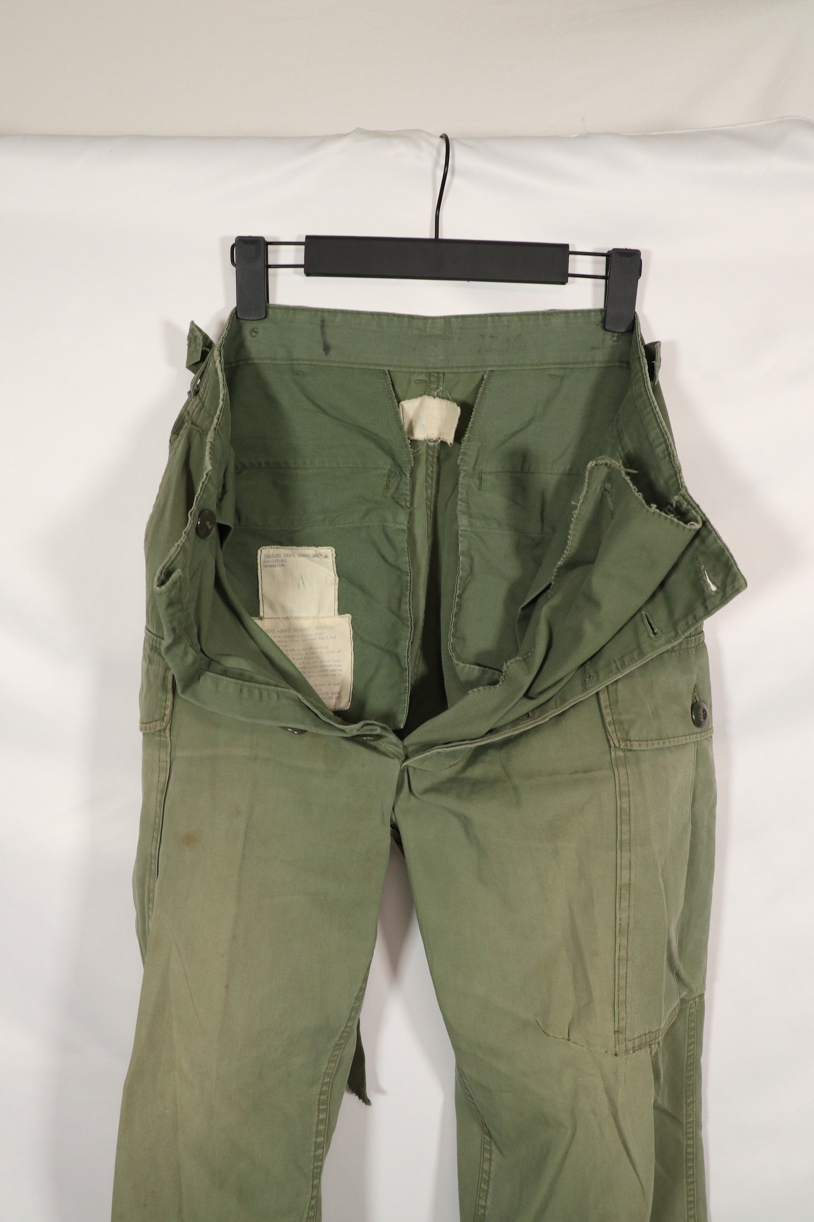 Real 1963 1st Model Jungle Fatigue Pants with leg ties, used.