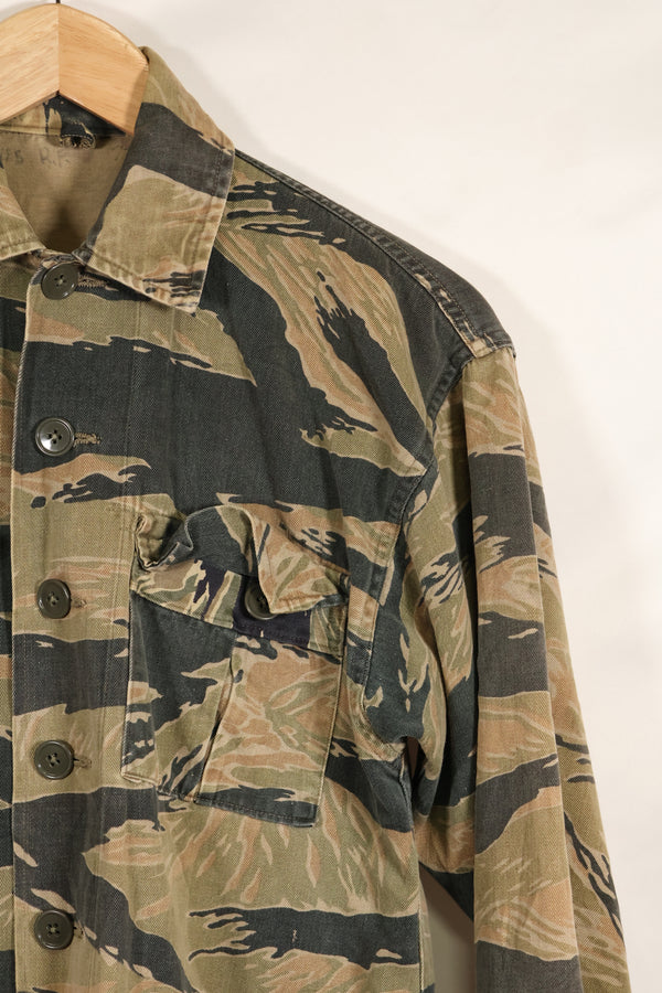 Estimated late 1960s-1970s locally made tiger stripe shirt, used.