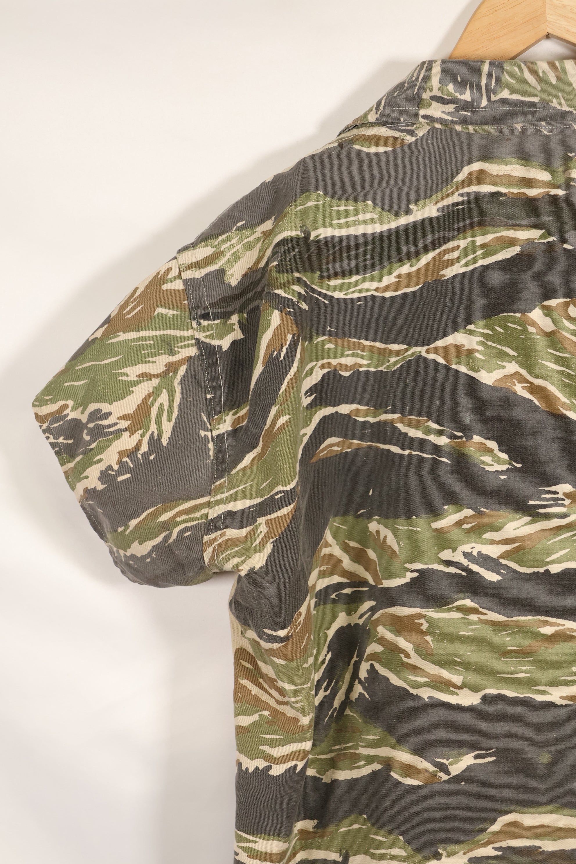 Estimated 1970s locally made tiger stripe short sleeve shirt, used.