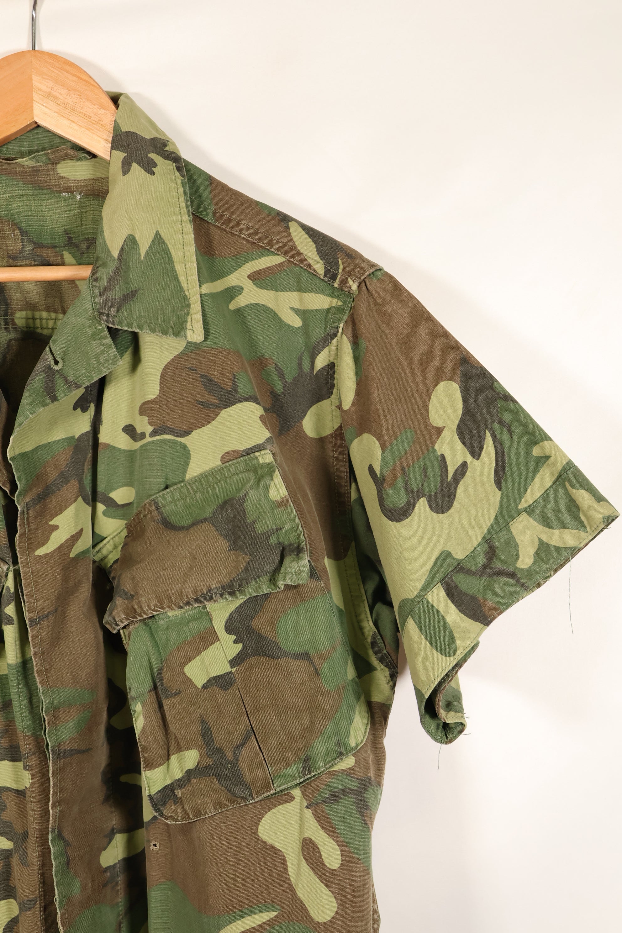 推定1966~67年契約　推定 S-L　初期プリント　ノンリップ　ERDL リーフ迷彩ジャケット　半袖　中古品