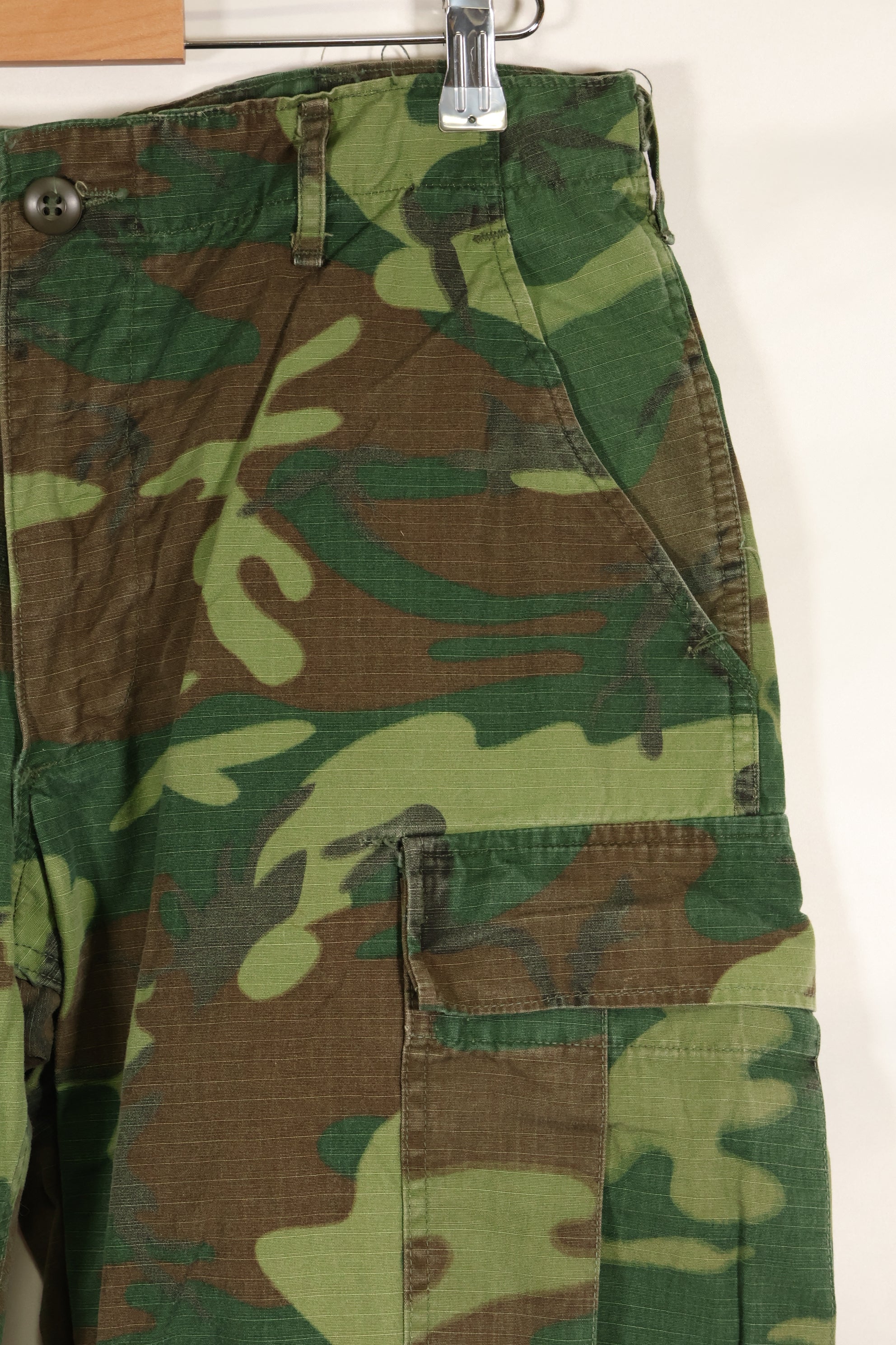 1969 Contract M-S Ripstop ERDL Camouflage Jungle Fatigue Pants, faded, used.