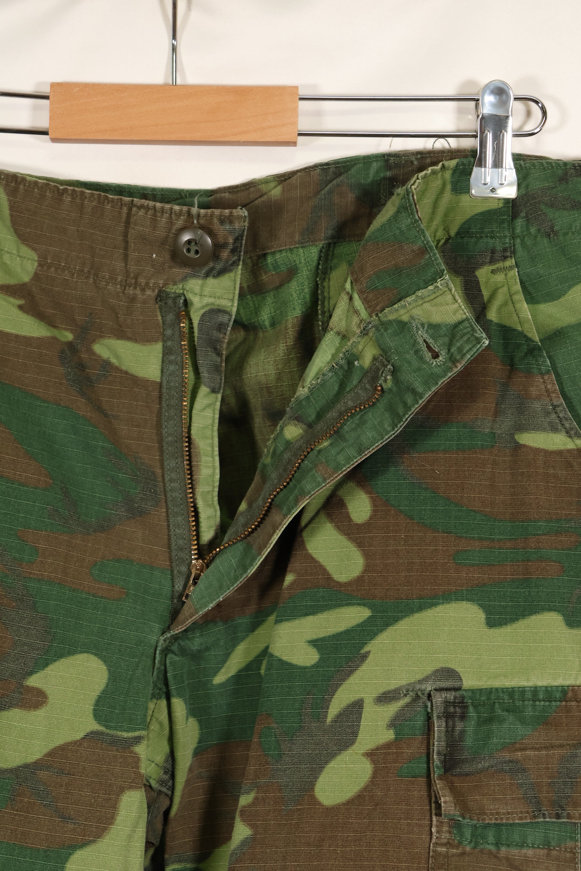 1969 Contract M-S Ripstop ERDL Camouflage Jungle Fatigue Pants, faded, used.