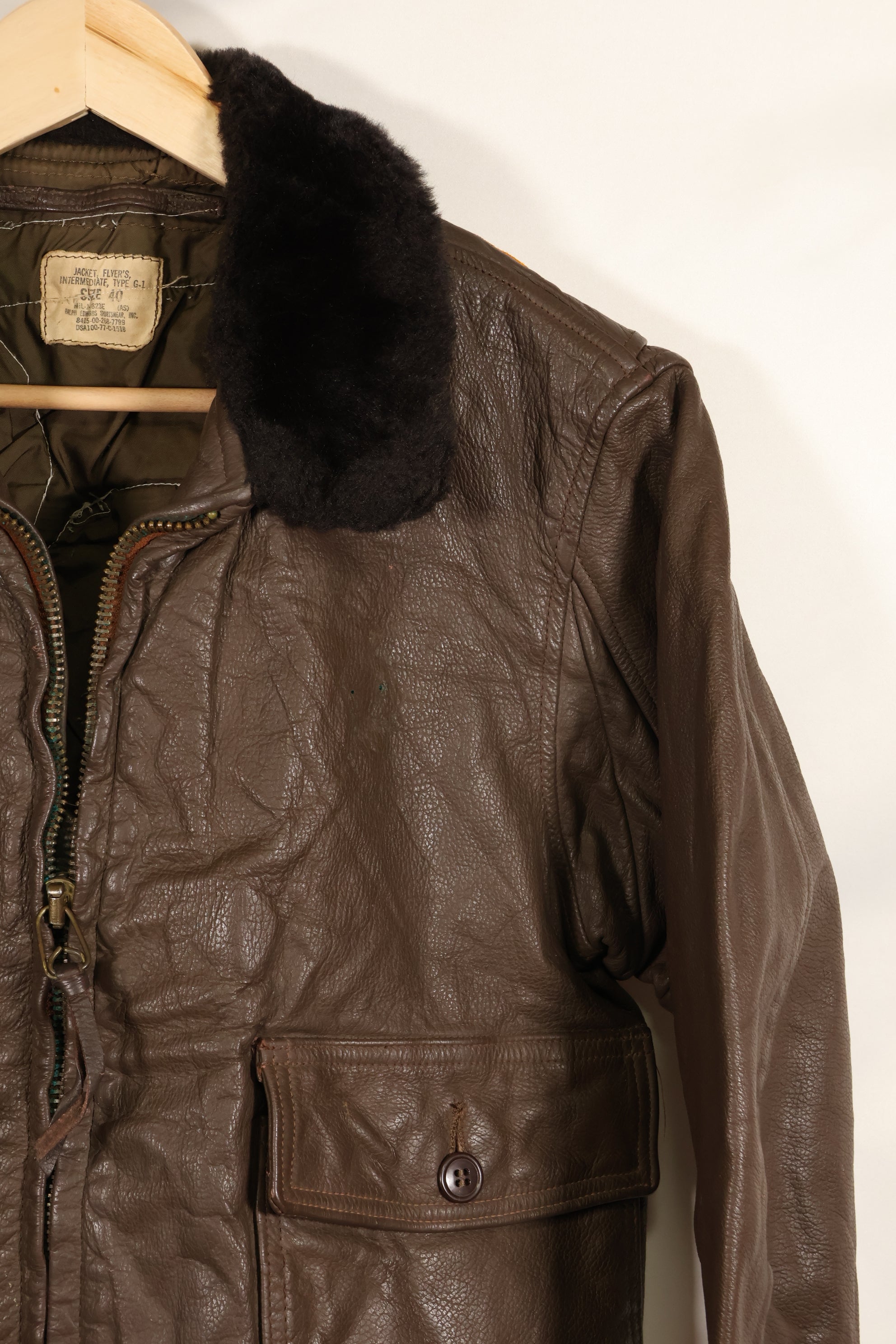 1977 Contract US Navy G-1 Flight Jacket with patches, size 40, good condition.