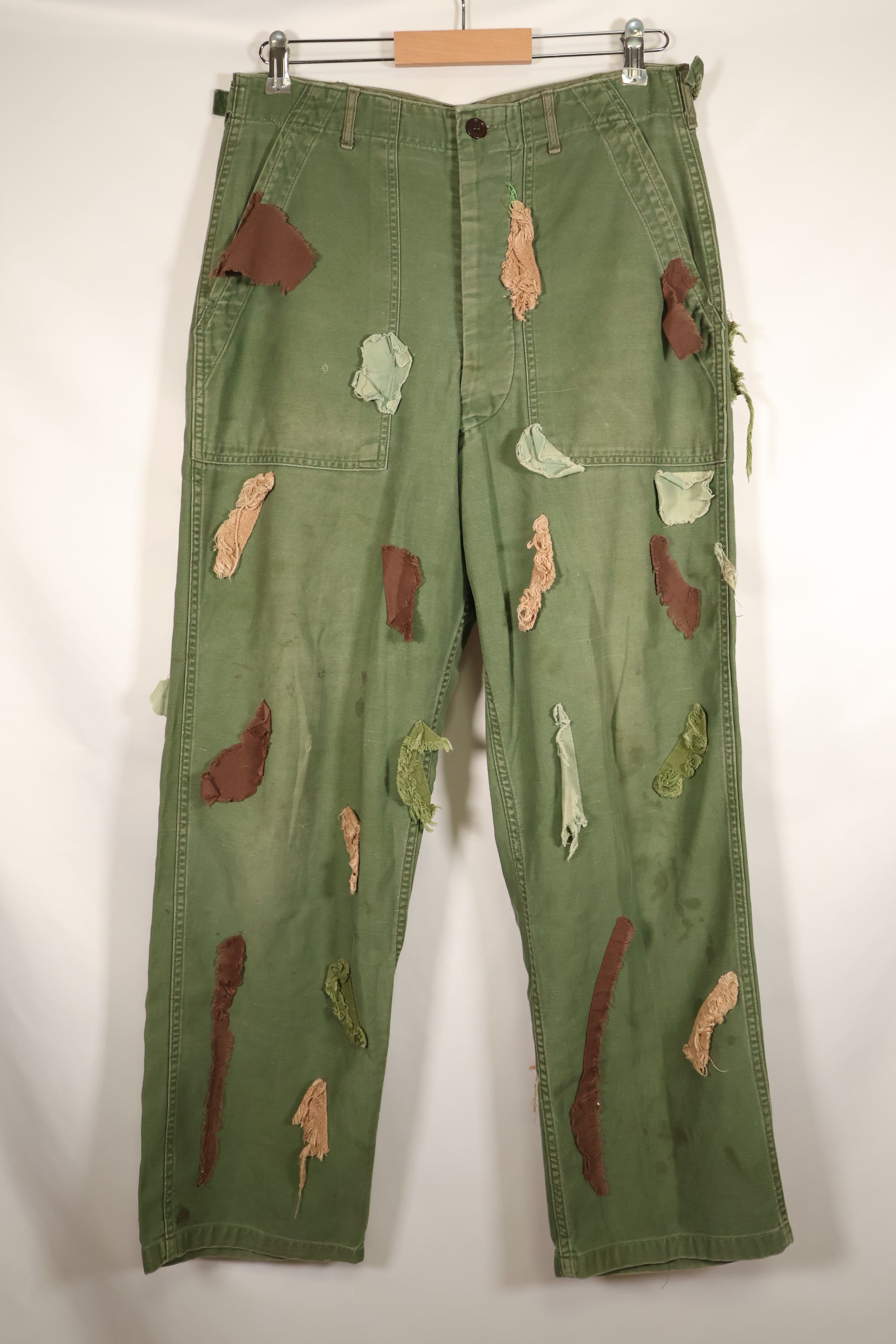 Early 1960s MEDIUM OG-107 Utility Pants, Type I Baker Pants, with camouflage, modified for sniper use