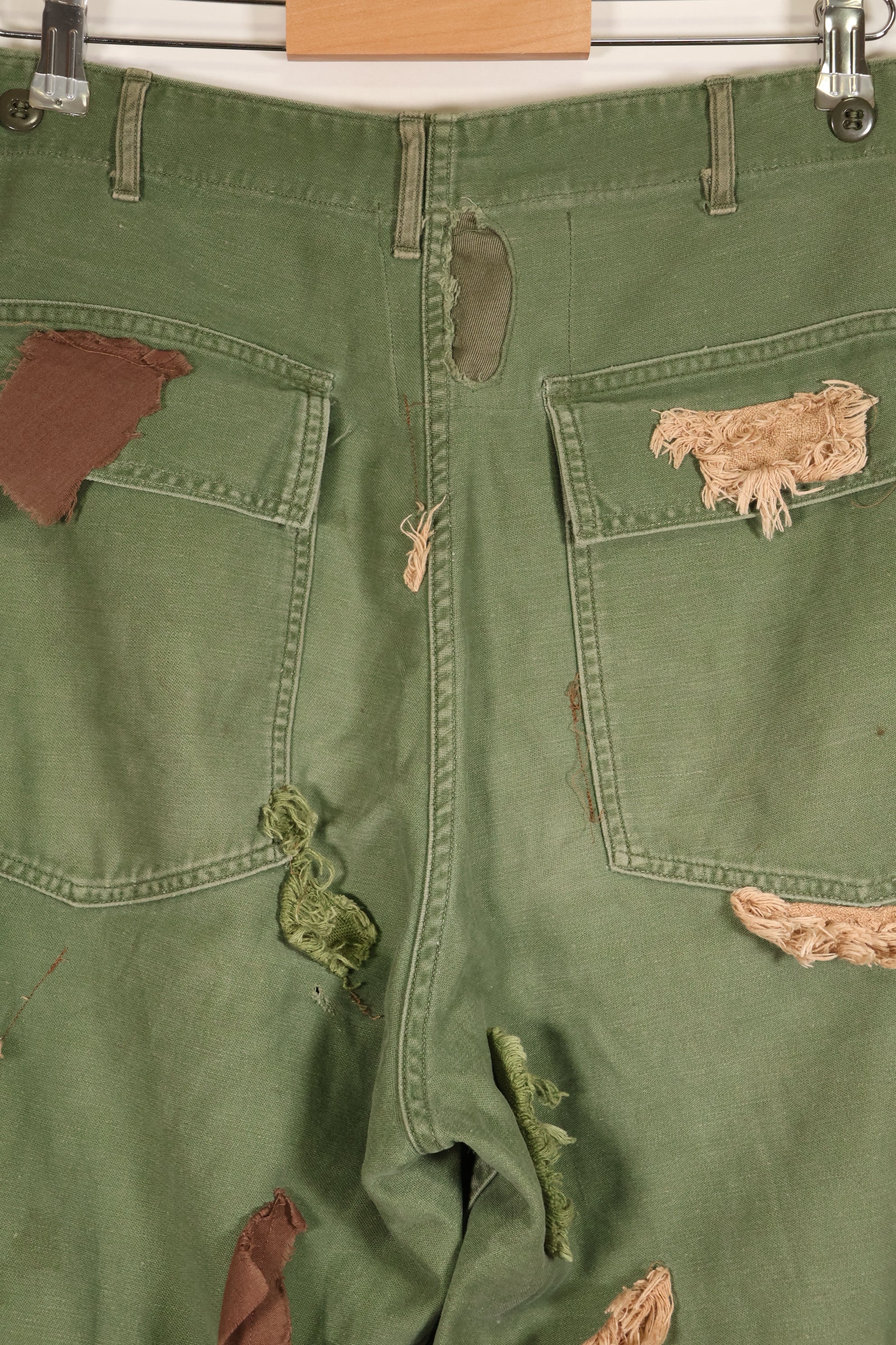 Early 1960s MEDIUM OG-107 Utility Pants, Type I Baker Pants, with camouflage, modified for sniper use