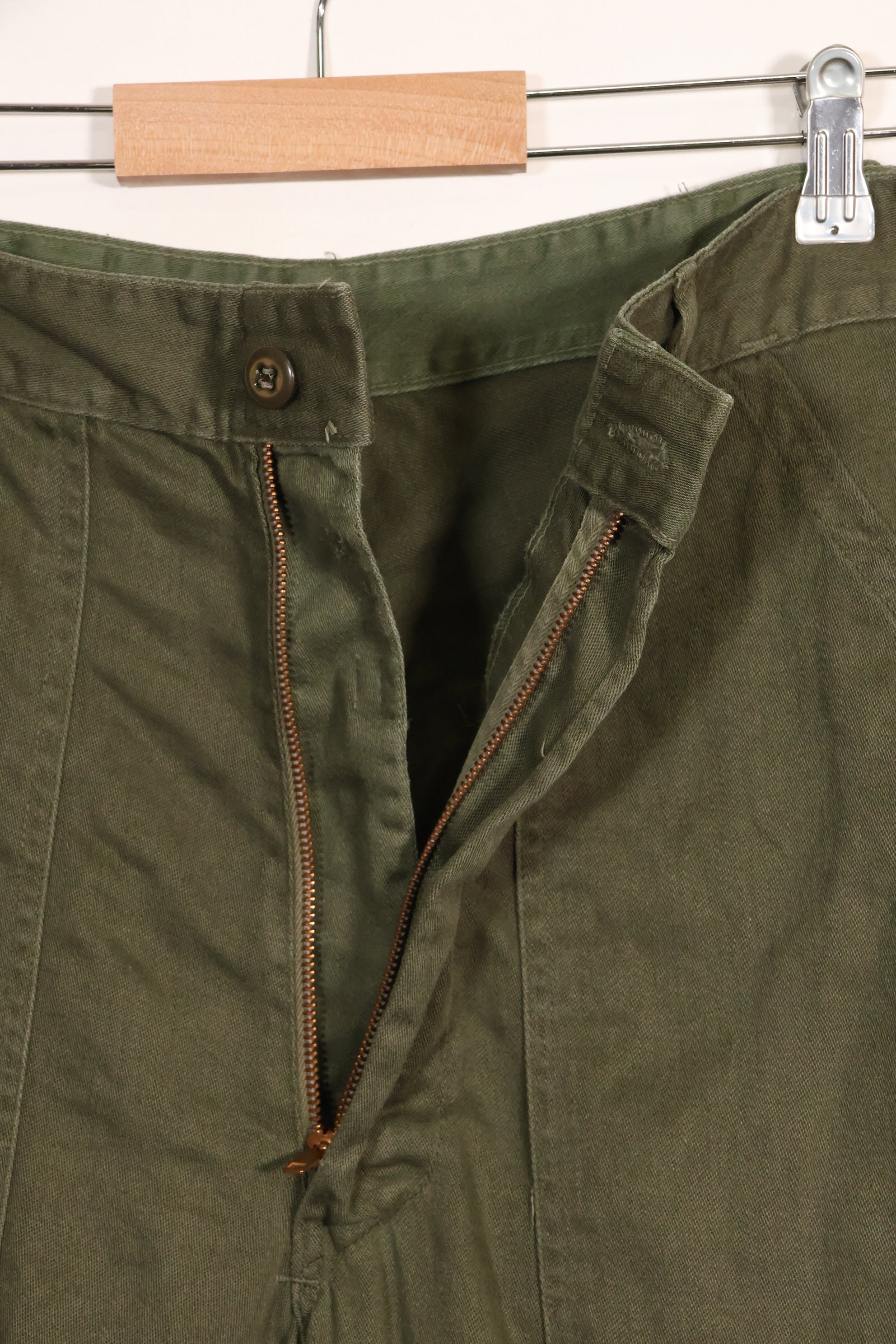 Early 1960s OG-107 utility pants, baker pants, zipper fly, used.