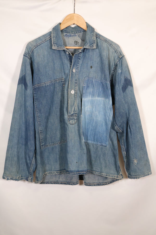 1930s U.S. Army denim pullover shirt, 3 buttons, used.