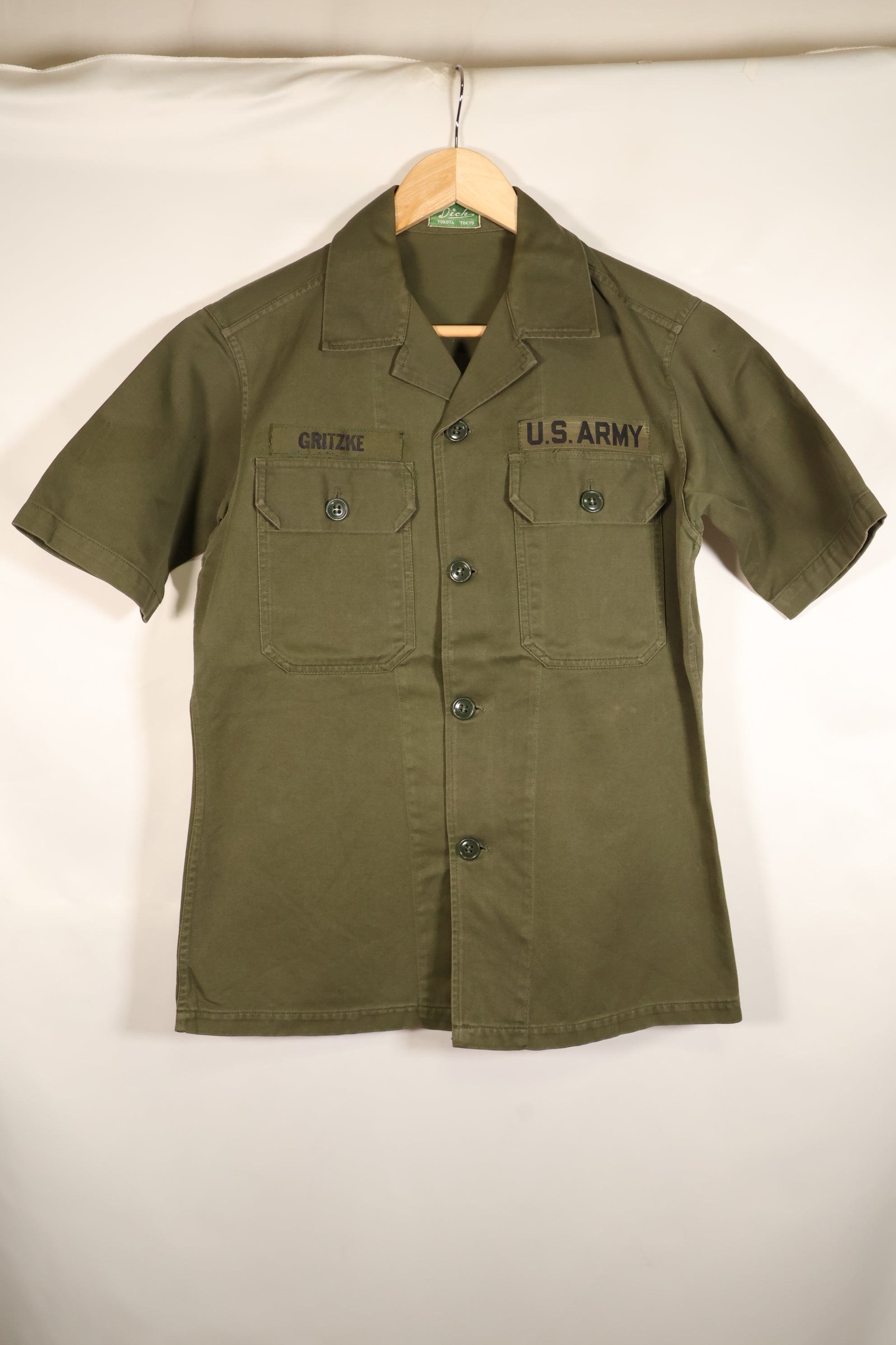 Estimated late 1960s; Made in Japan; Taylor brand; OG-107 Utility Shirt; Yokota Air Base; Used