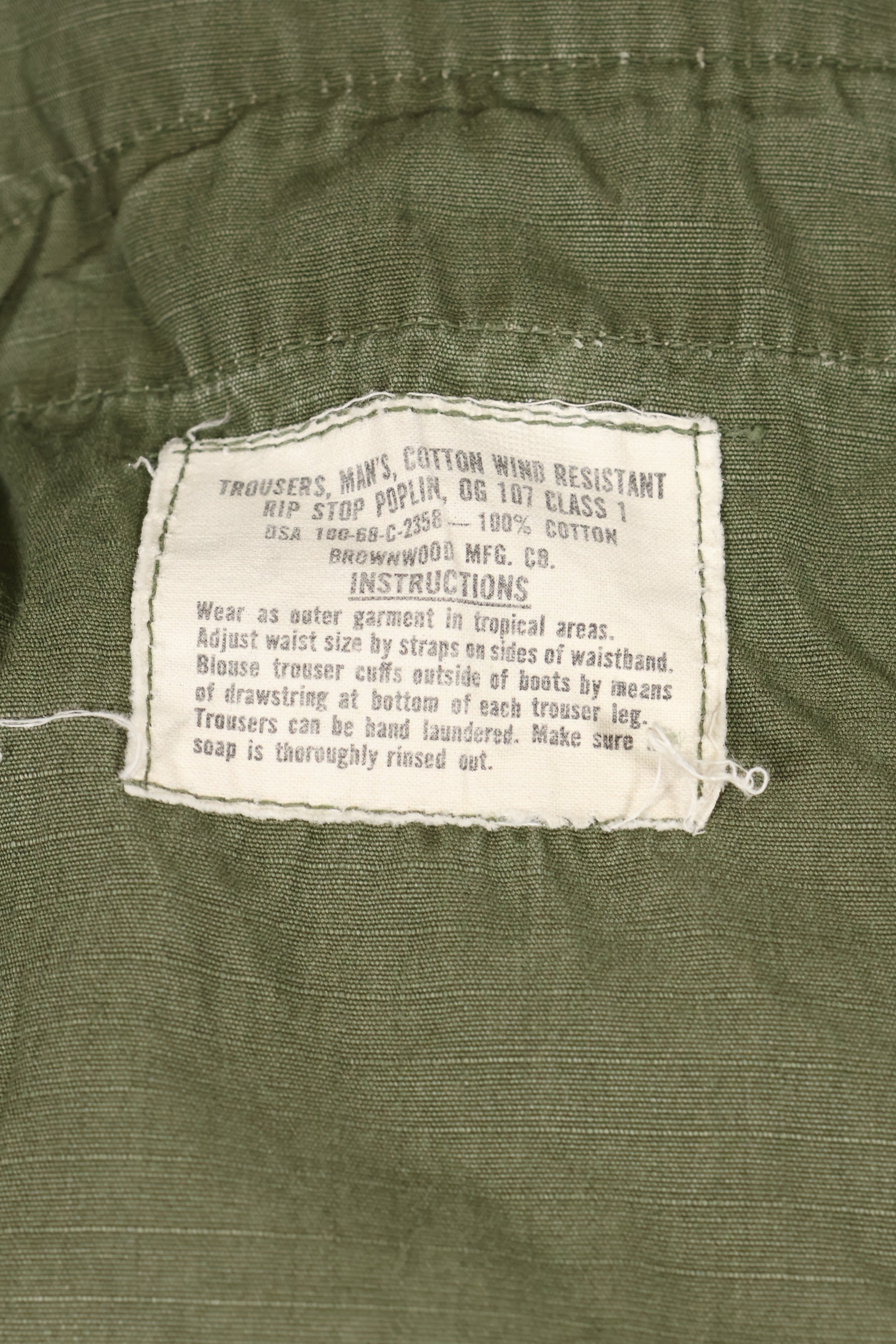 1968 Contract S-R 4th Model Jungle Fatigue Pants, used with fading and repairs.