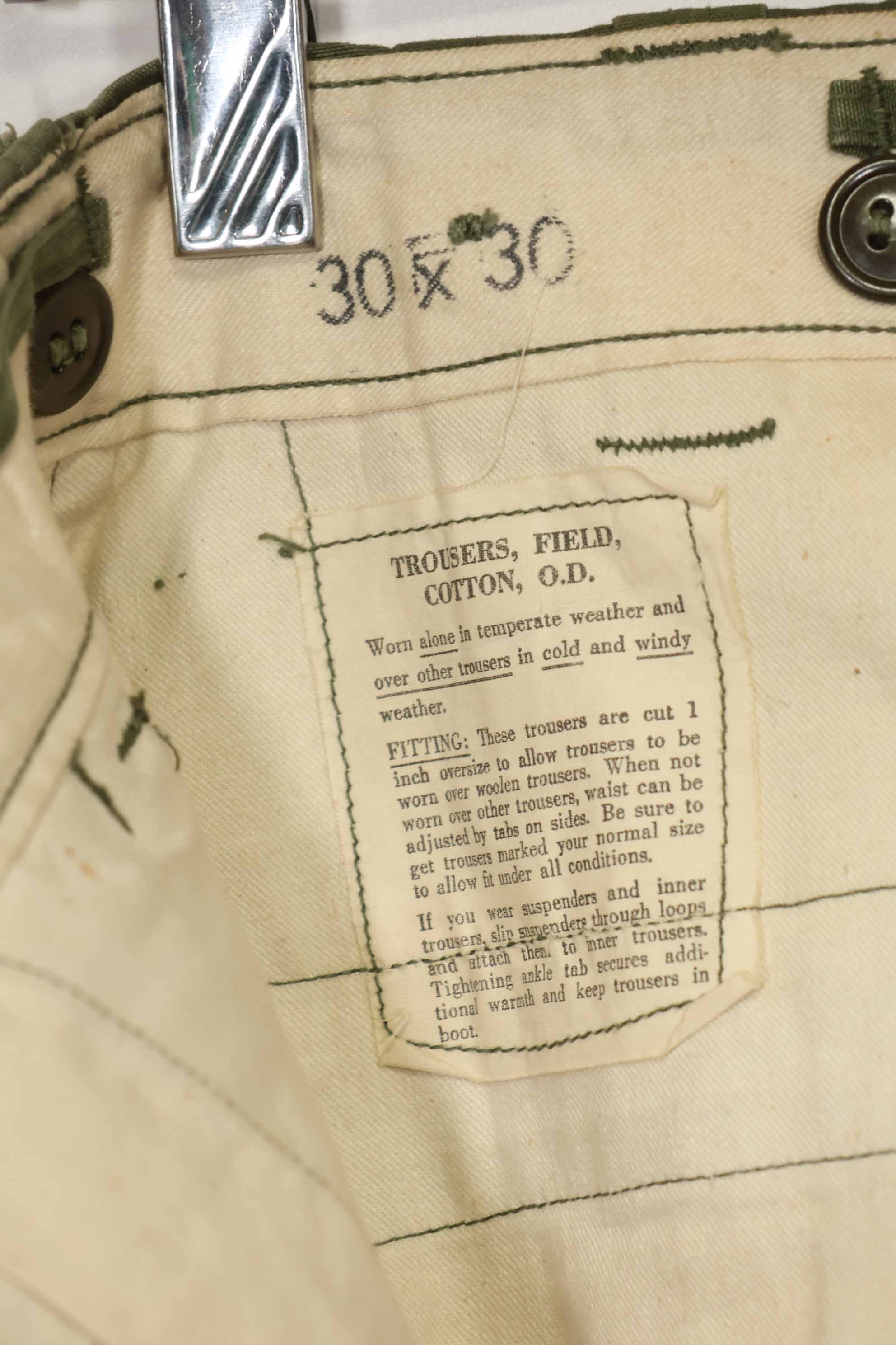 1940s-50s US Army M45 cotton field pants with modified cargo pockets, airborne use, used, B