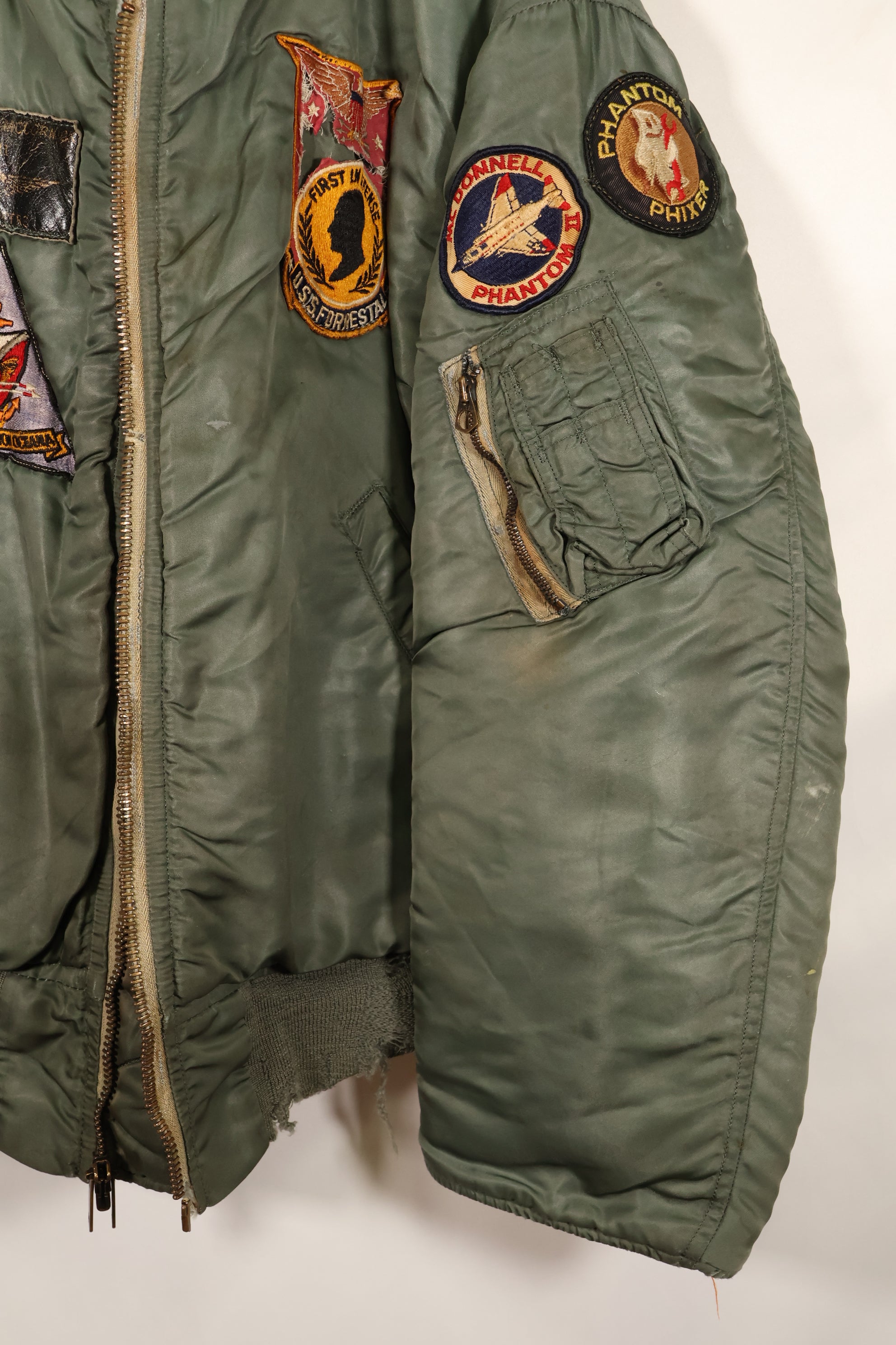 Late 1960's Estimated LARGE US Navy MA-1 Flight Jacket with pilot modifications, used.