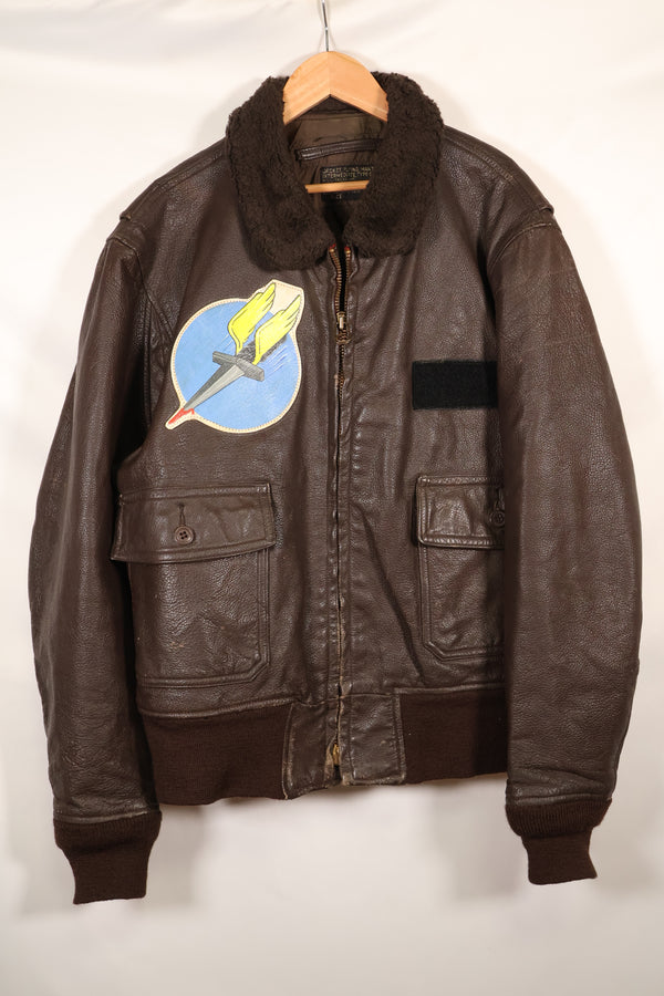 1971 contract size 44 G-1 flight jacket, painted, patches, used.