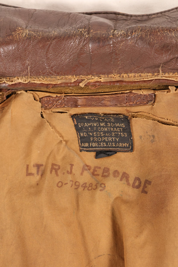 1940s size 42 WWII U.S. Army Air Corps USAAF A-2 flight jacket with name, used.