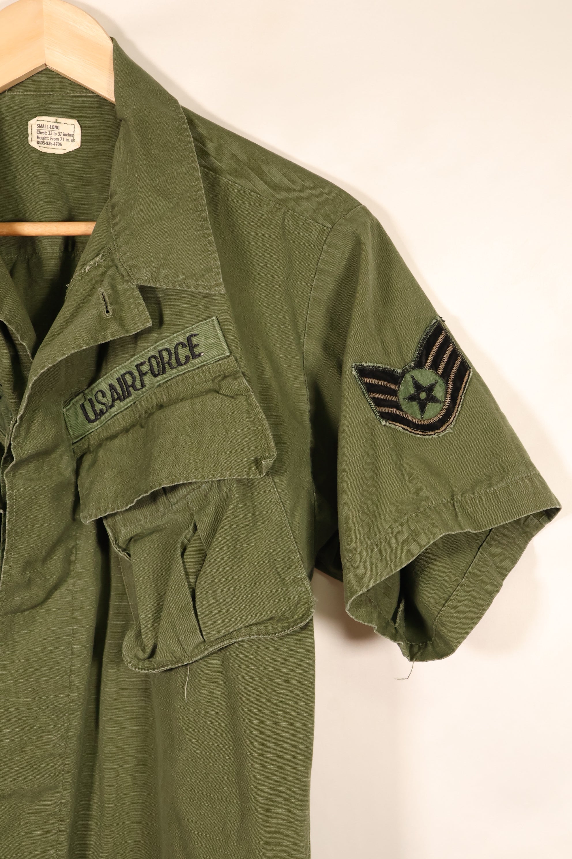 1969 Contract, S-L, Taylor Markings, 4th Model Jungle Fatigue Jacket, USAF, Short-Sleeve Custom, Used
