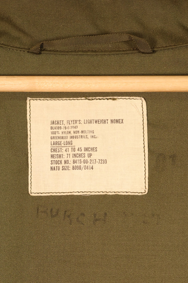 1979 Contract, L-L, NOMEX, U.S. Army, Pilot, Lightweight Jacket, Flight, Zipper Damaged, Used