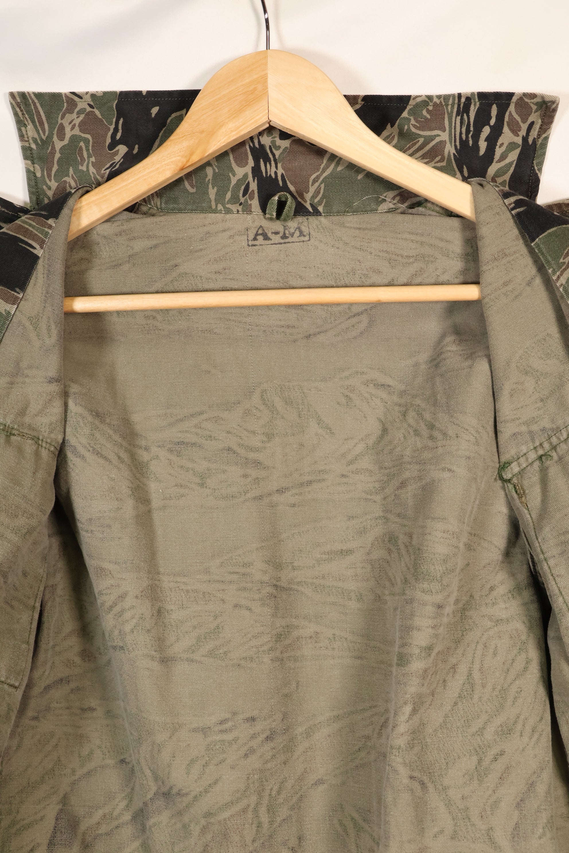 1960s Japanese Silver Tiger Asian Cut shirt, tiger stripe, used, no cuffs.