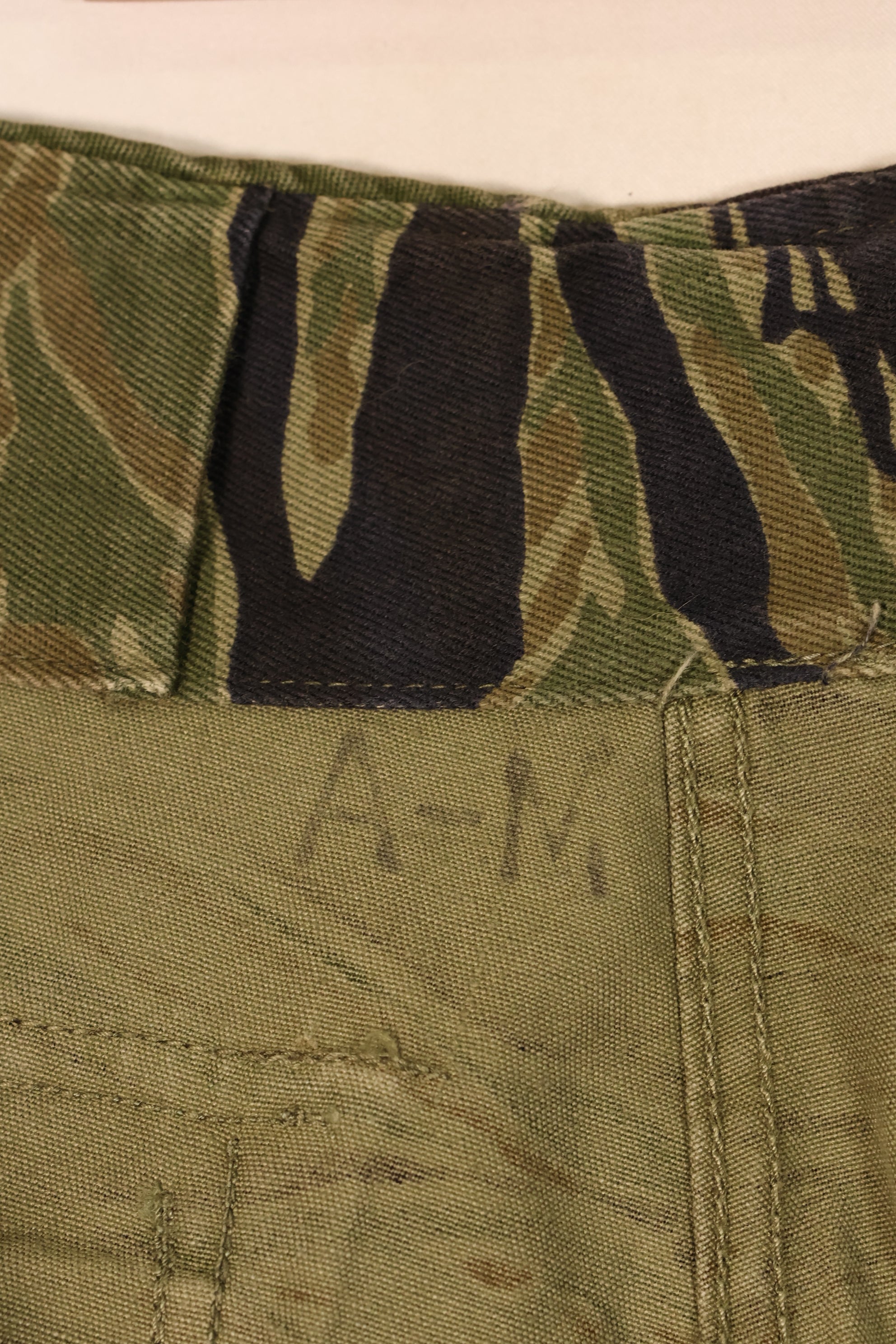 Late 1960s, A-M, Gold Tiger-inspired pattern, Asian-cut pants, in good condition, used