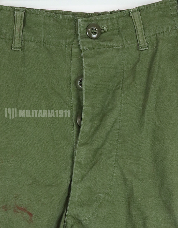 Original 2nd model Jungle Fatigue pants, non-ripstop, worn, scratched, faded. Scuffed, faded