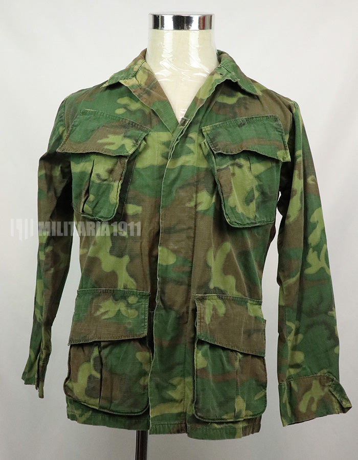 Original U.S. Army ERDL Jungle Fatigue Ripstop fabric, 1969, stained. Strong feeling of use