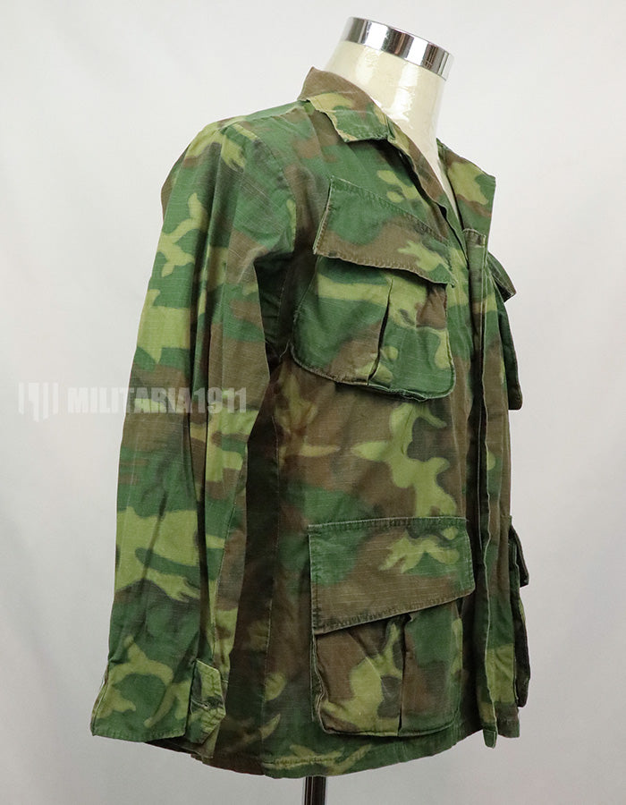 Original U.S. Army ERDL Jungle Fatigue Ripstop fabric, 1969, stained. Strong feeling of use