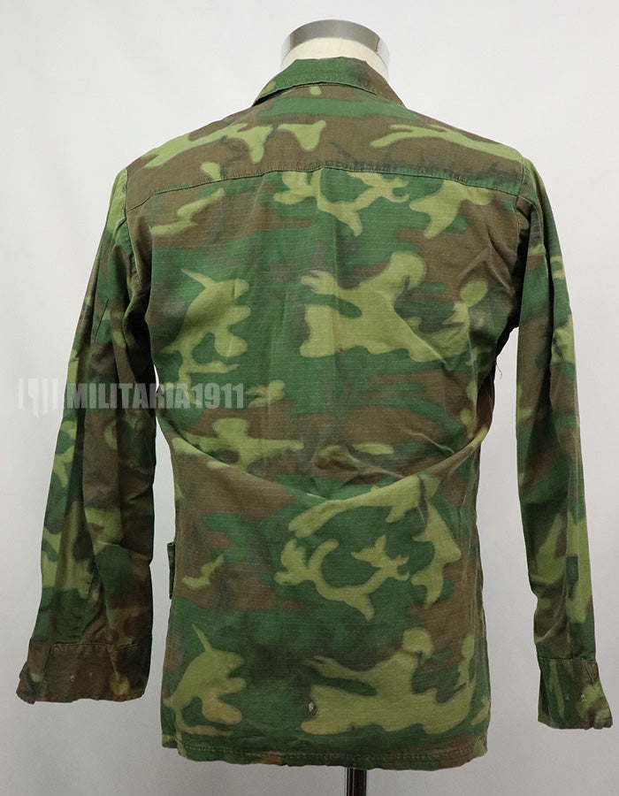 Original U.S. Army ERDL Jungle Fatigue Ripstop fabric, 1969, stained. Strong feeling of use