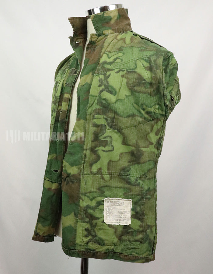 Original U.S. Army ERDL Jungle Fatigue Ripstop fabric, 1969, stained. Strong feeling of use